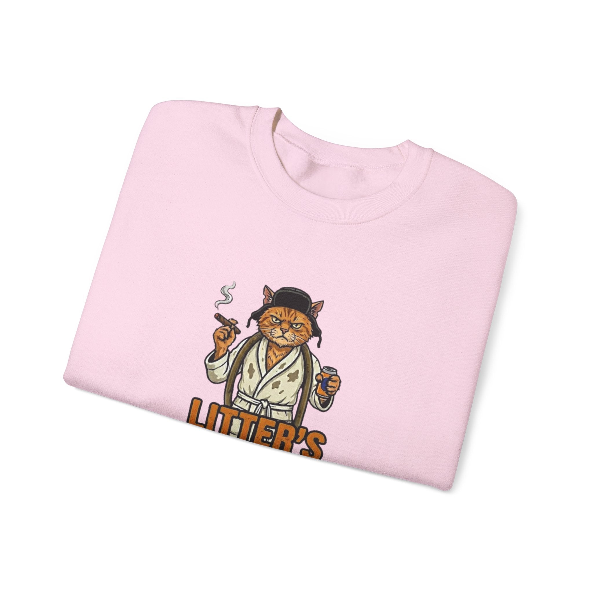 Folded pink sweatshirt with a cat graphic and 'Litter's' text on a white background