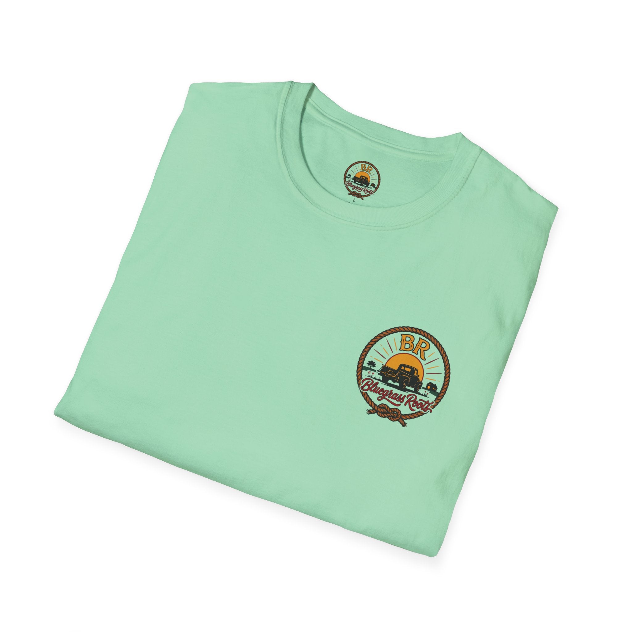 Bluegrass Roots Raised Right Ran Wild Came Home tee folded stack detail