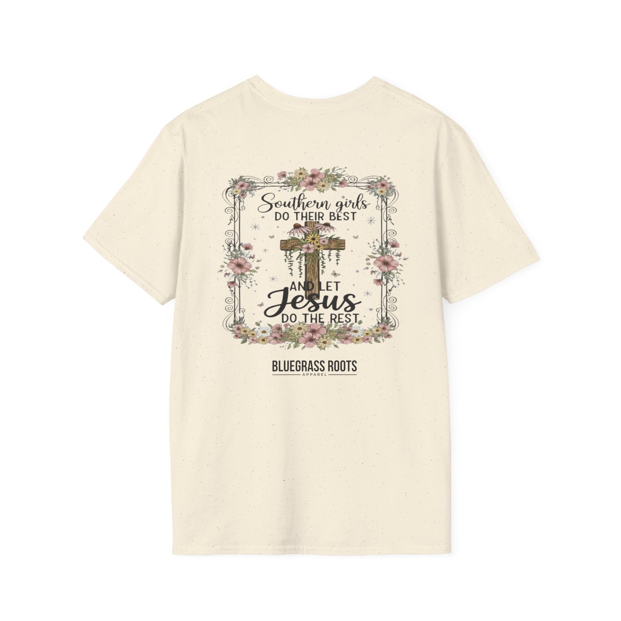 Beige t-shirt with floral design and text on a white background
