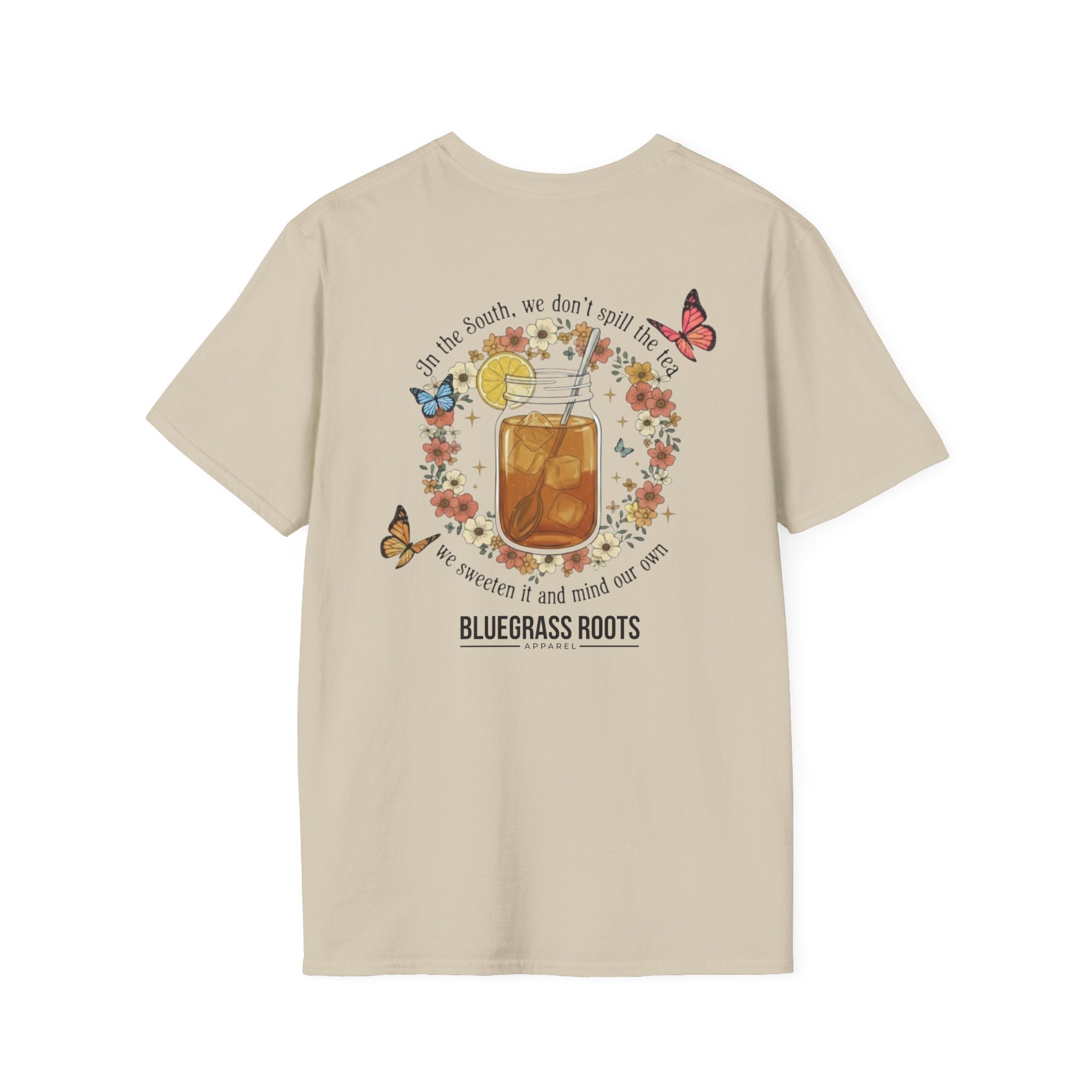 Beige t-shirt with a graphic design on the back featuring a jar of iced tea, flowers, and butterflies, with 'Bluegrass Roots' branding.
