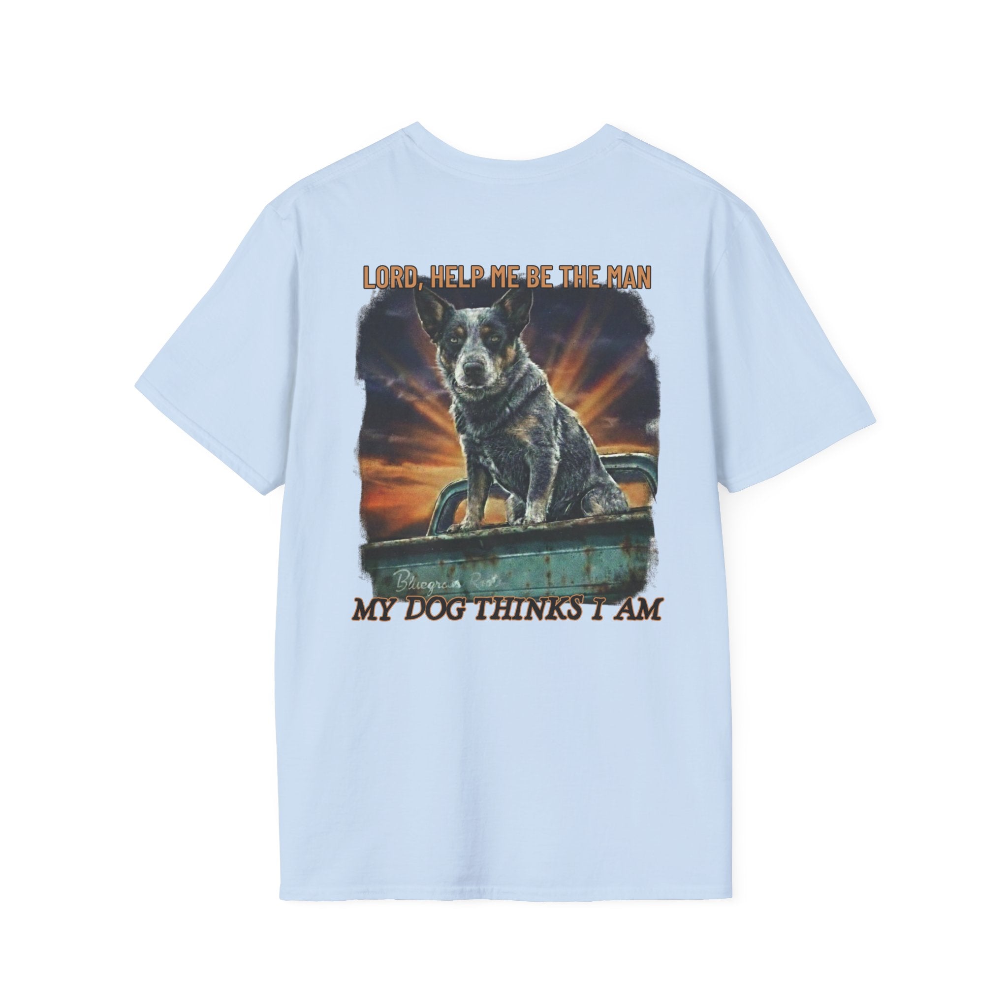 Light blue t-shirt with a graphic of a dog and text on the back, on a white background