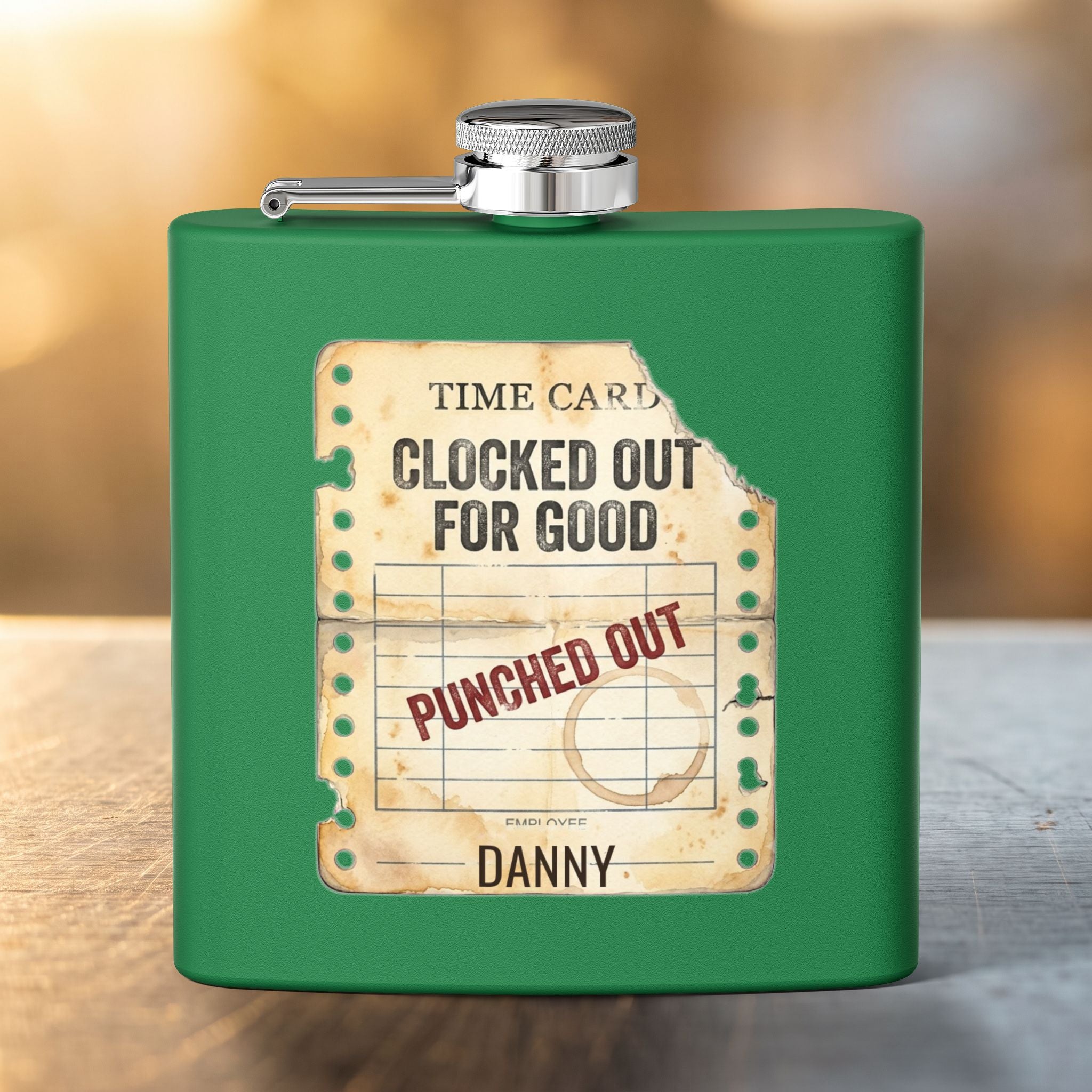 Clocked Out For Good personalized retirement gift flask in Green — front view