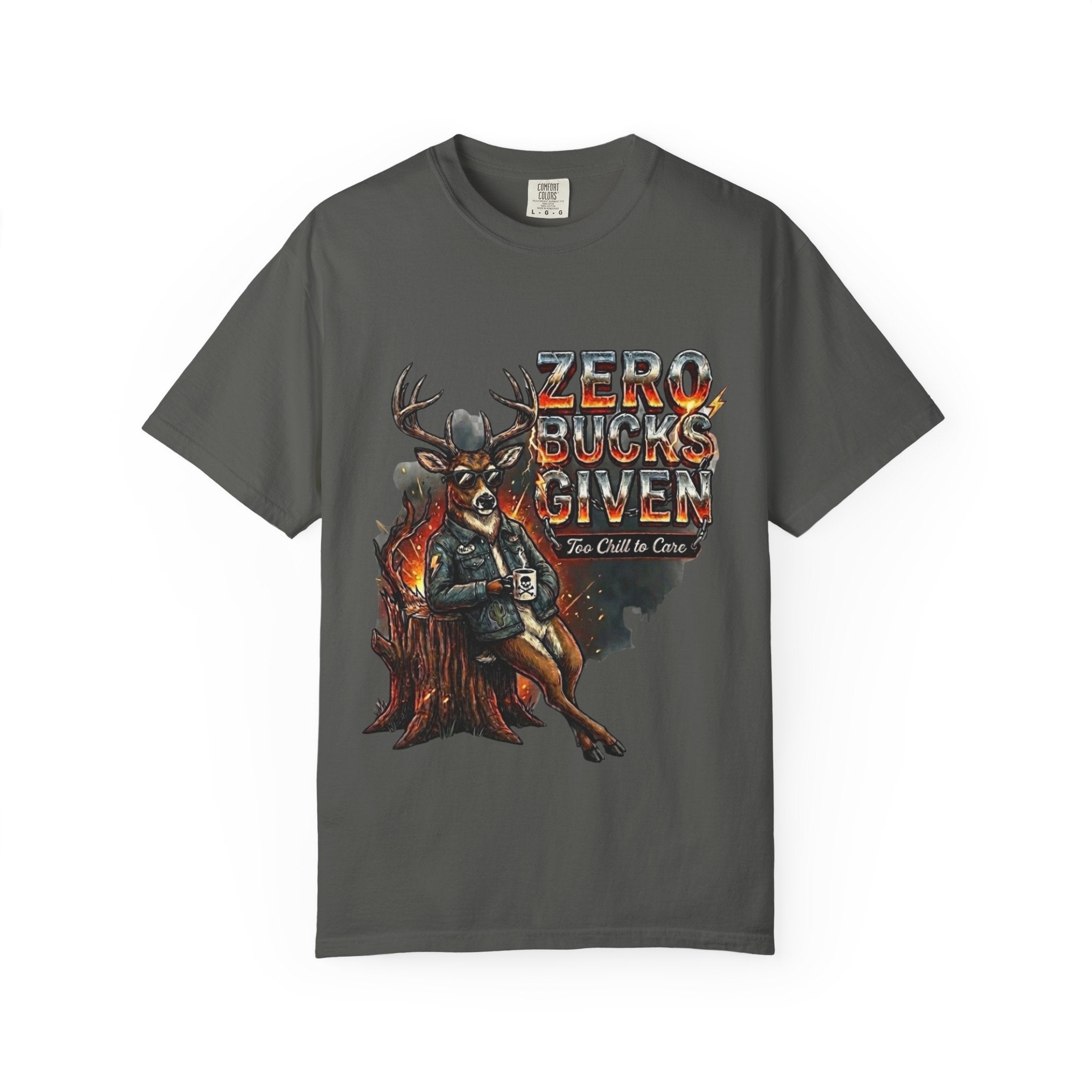 Gray t-shirt with a graphic of a deer and text 'Zero Bucks Given' on a white background