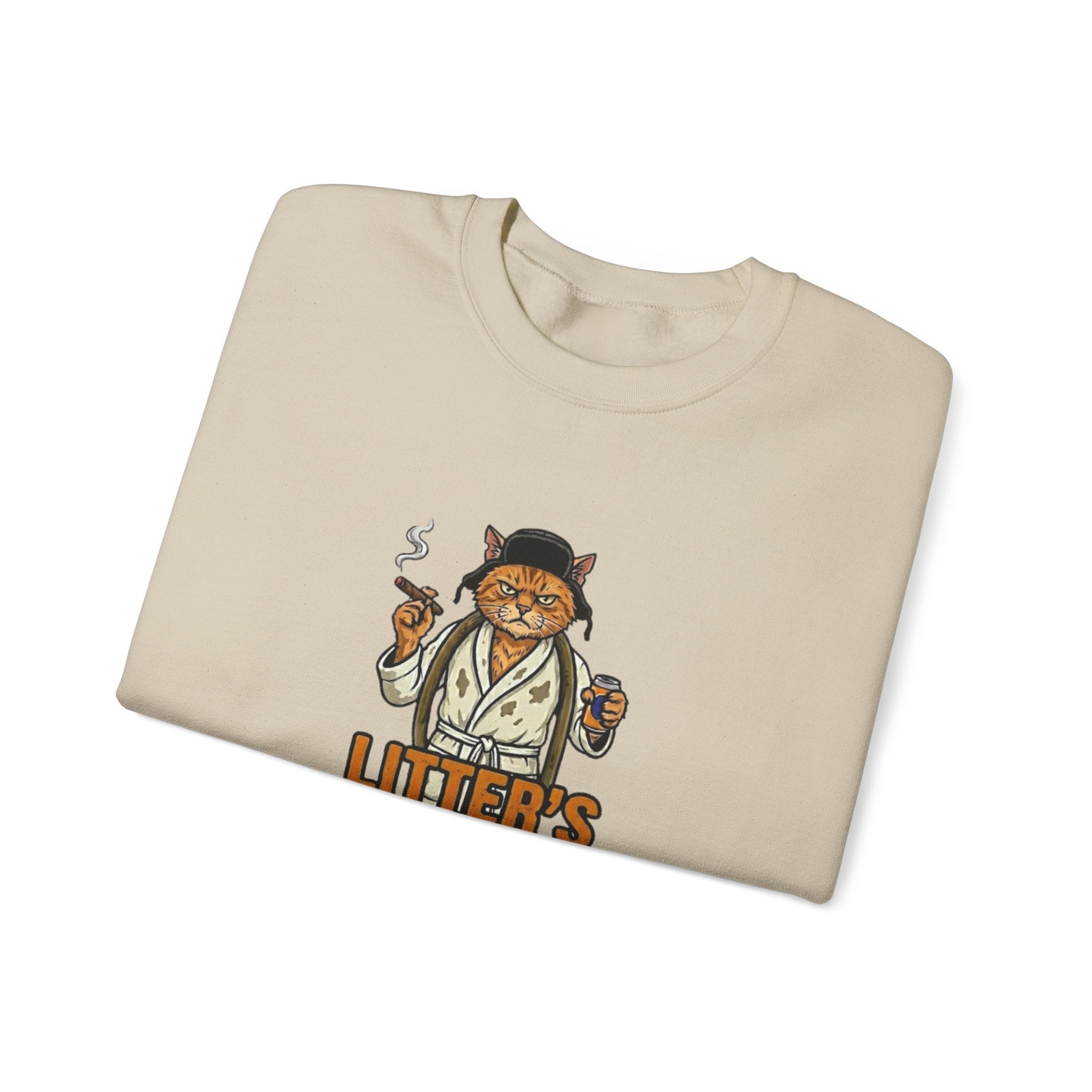 Folded beige sweatshirt with a graphic of a cat in a suit and hat holding a cigar and a bottle, with 'Litter's' text.