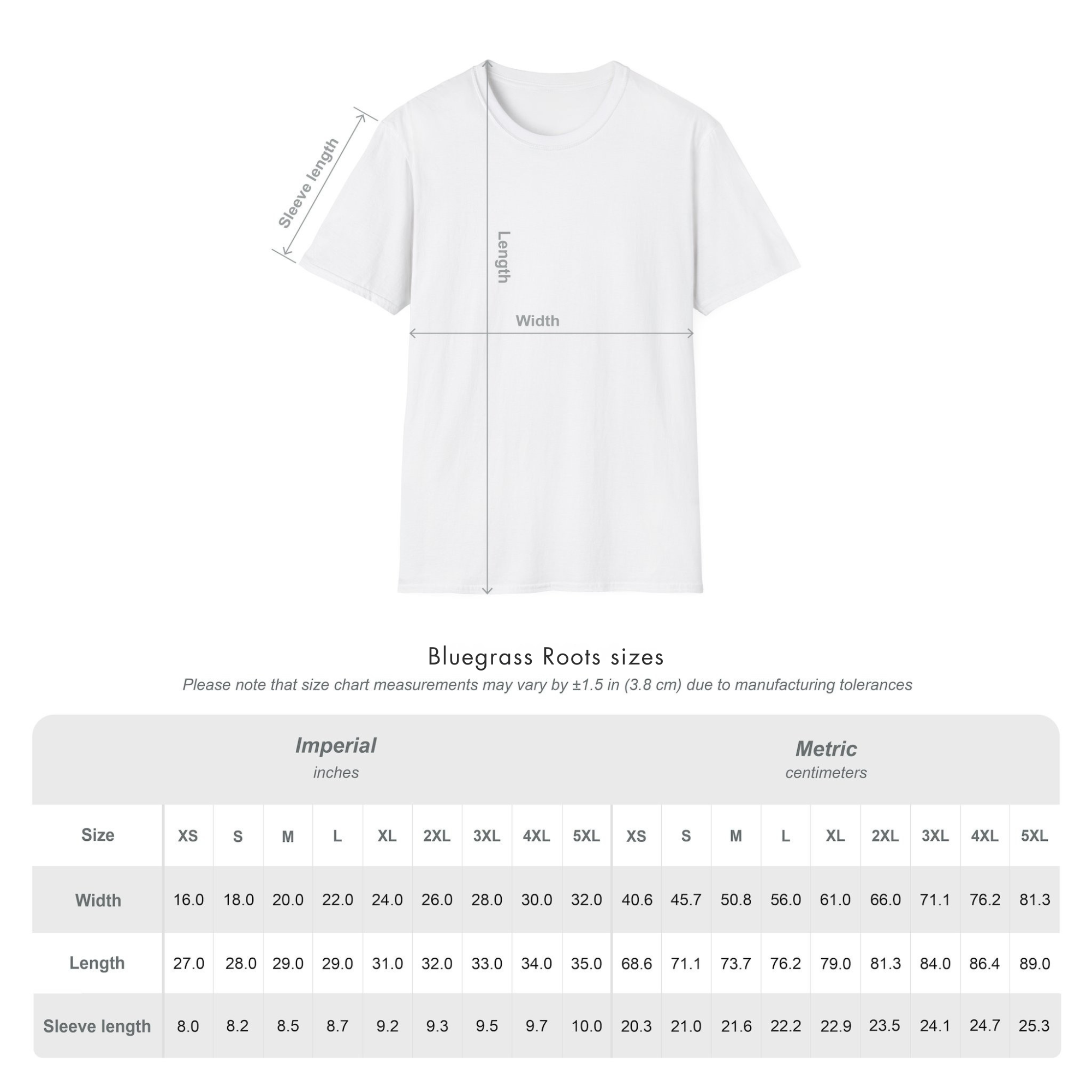 White t-shirt with measurement chart on a white background