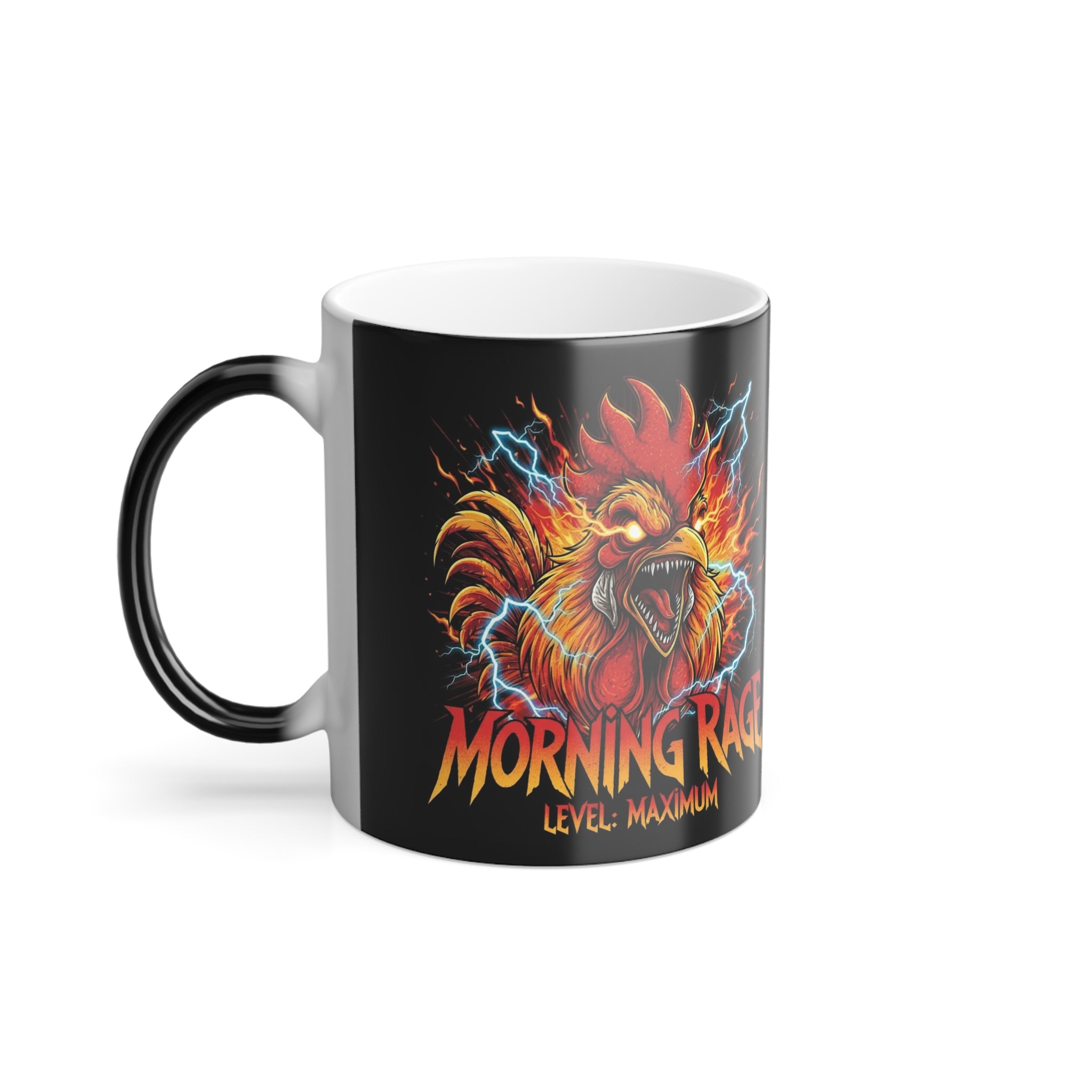 Black mug with a rooster graphic and 'Morning Rage' text on a white background