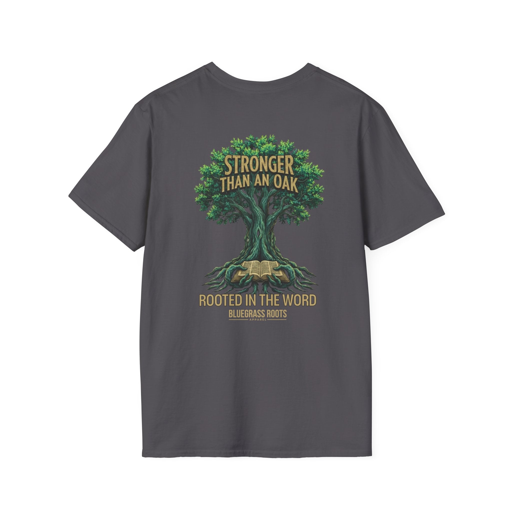 Gray t-shirt with a tree graphic and text on the back against a white background