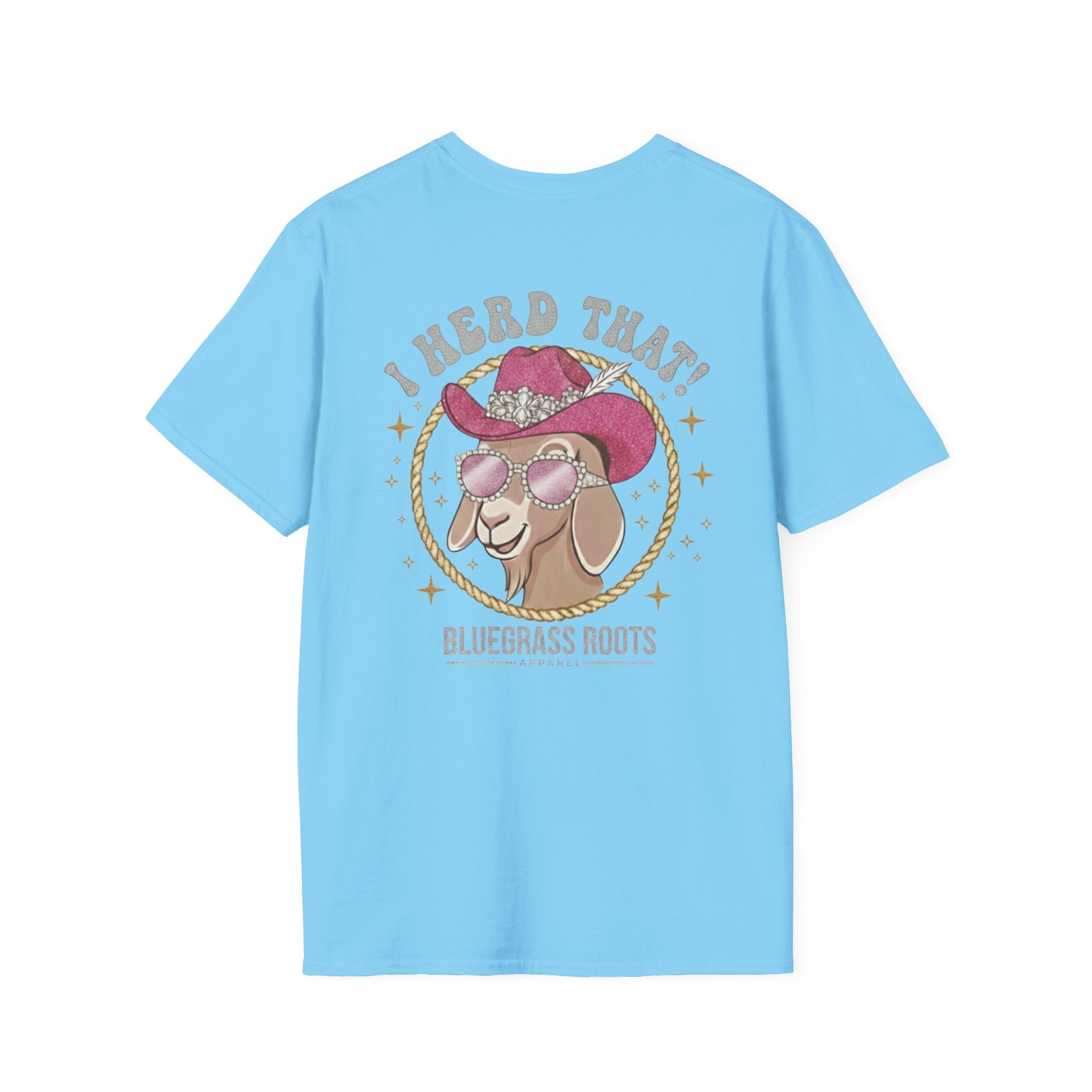 Light blue t-shirt with a graphic of a goat wearing a cowboy hat and sunglasses, and text 'I Heard That! Bluegrass Roots' on a white background.