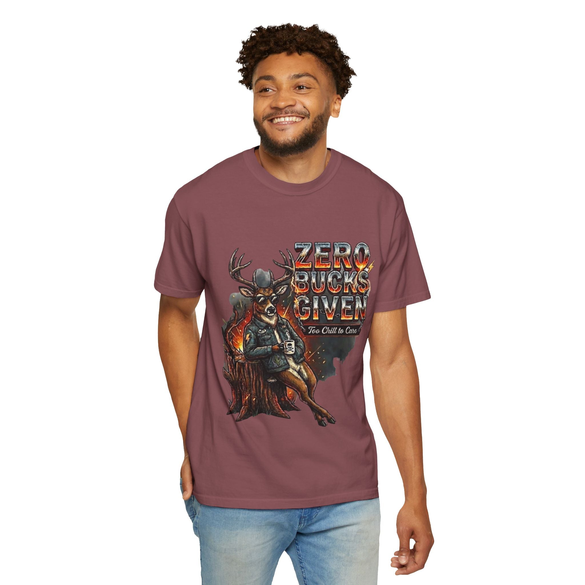 Man wearing a t-shirt with a graphic design and text on a white background