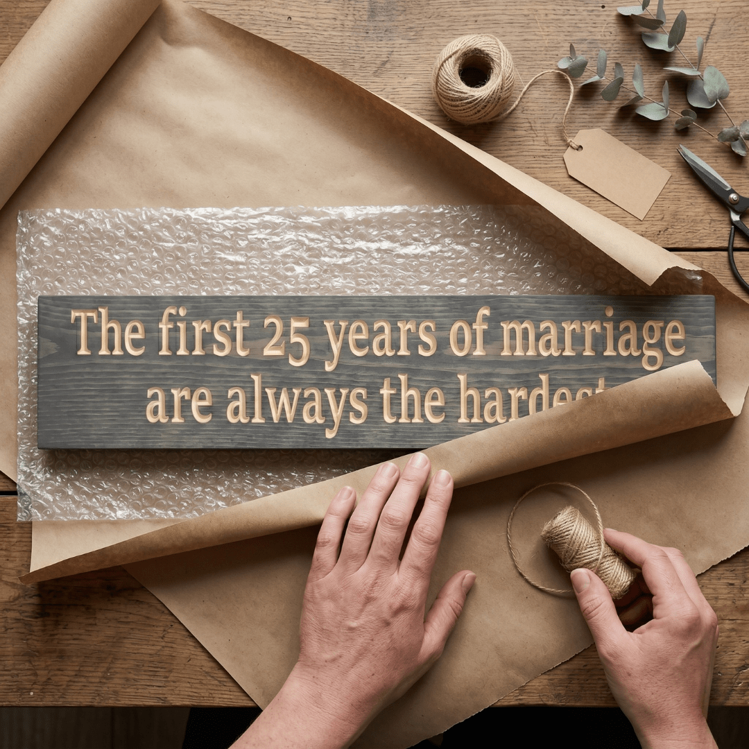 Handcrafted 25th anniversary wood sign being wrapped in kraft paper and bubble wrap as a ready-to-give anniversary gift