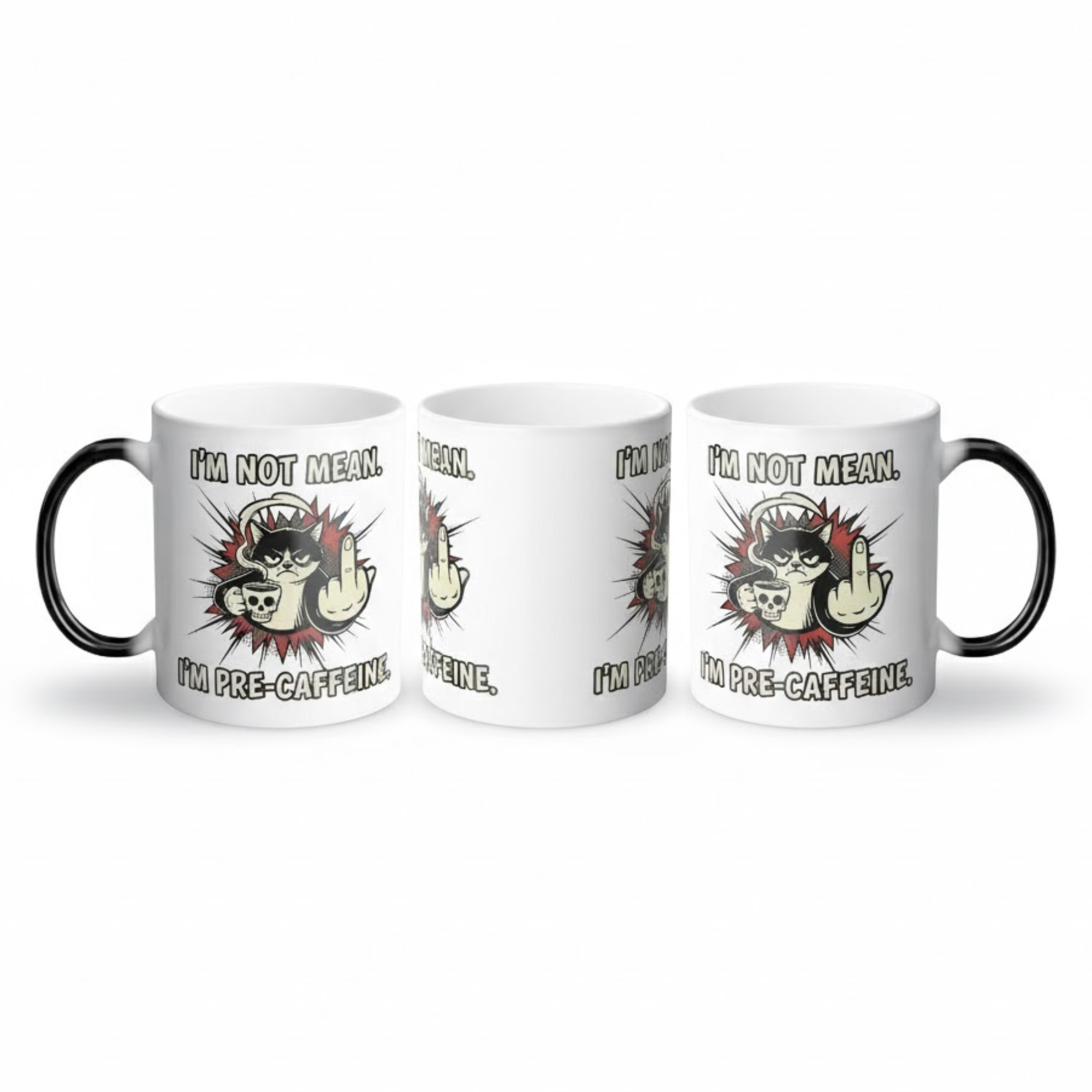 Three-angle view of the ceramic mug showing the fully revealed "I'm Not Mean, I'm Pre-Caffeine" grumpy cat graphic.