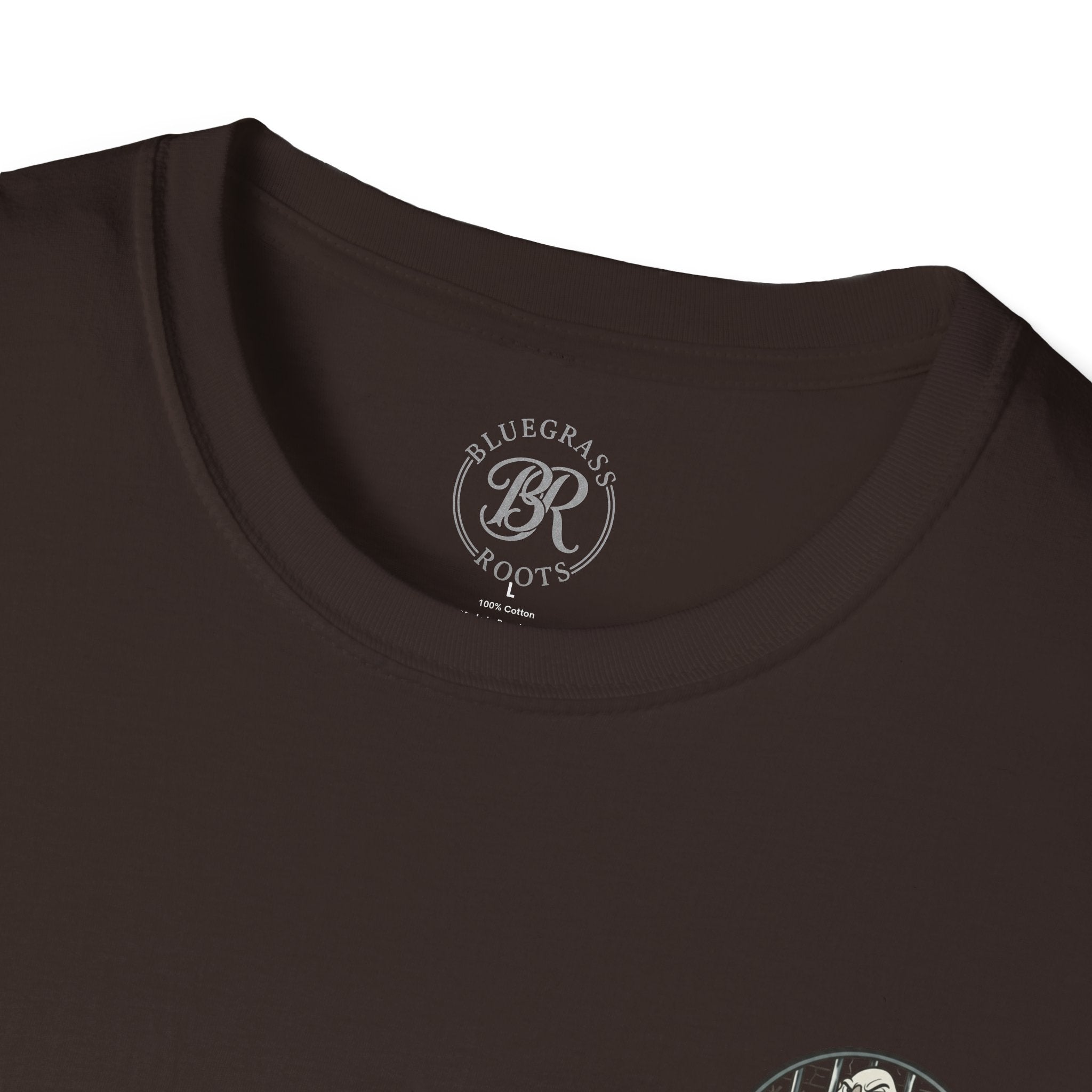 Close-up of a brown t-shirt with 'Bluegrass Roots' logo on a white background