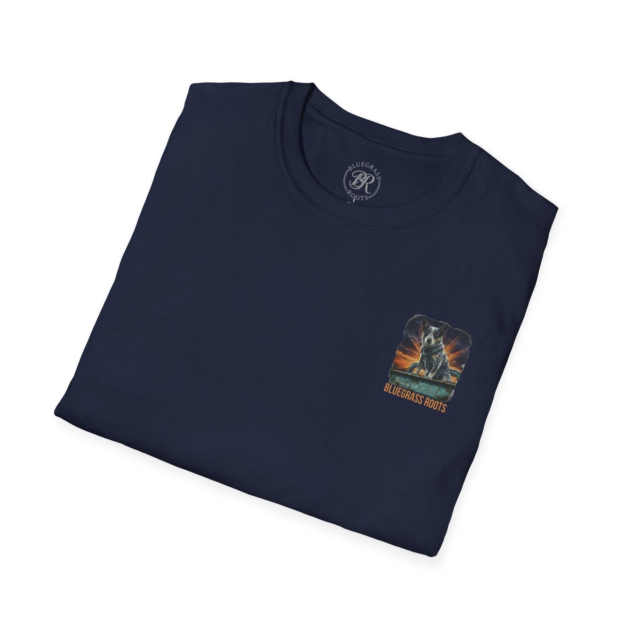 Folded navy blue t-shirt with a graphic design on a white background