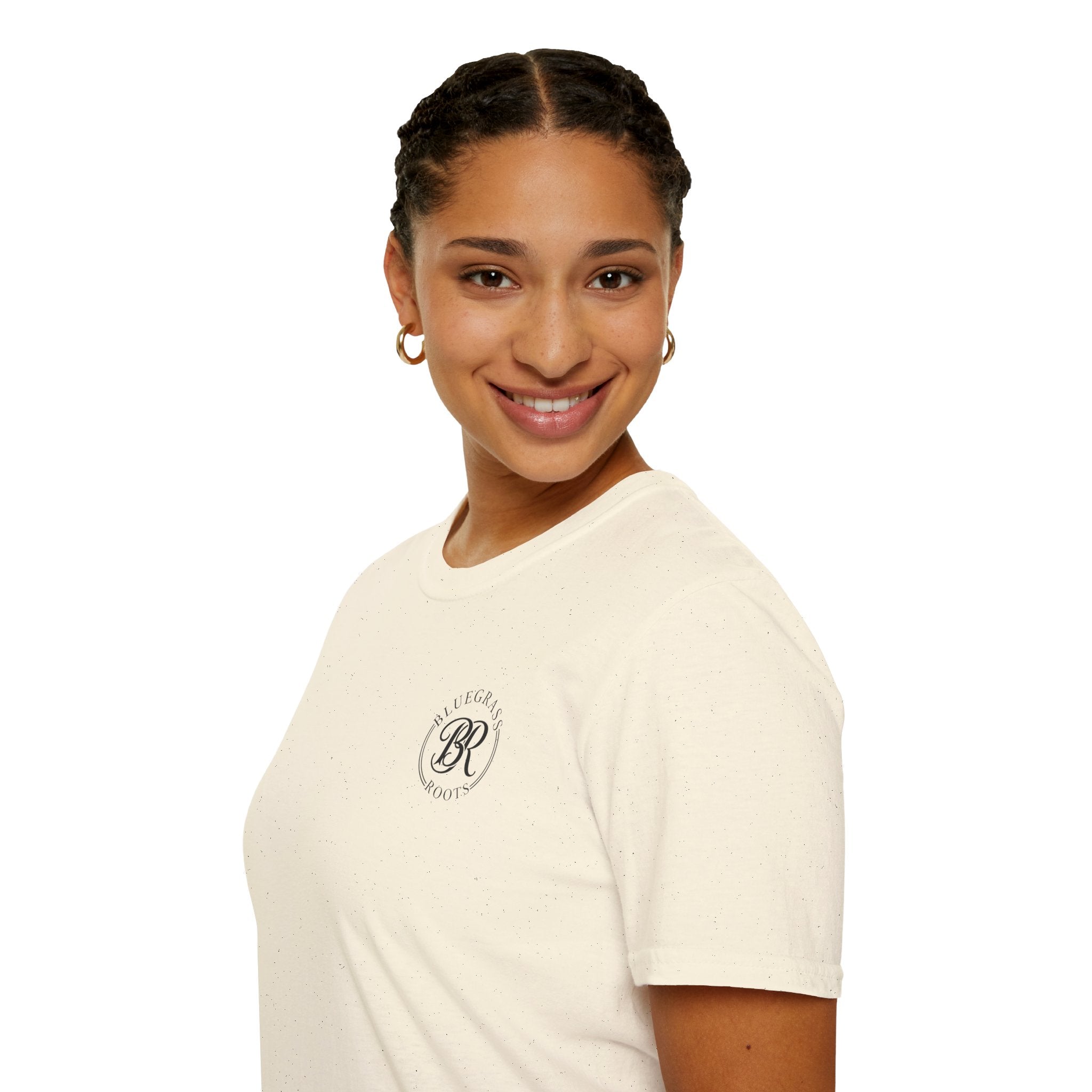 Woman wearing a white t-shirt with a logo on a white background
