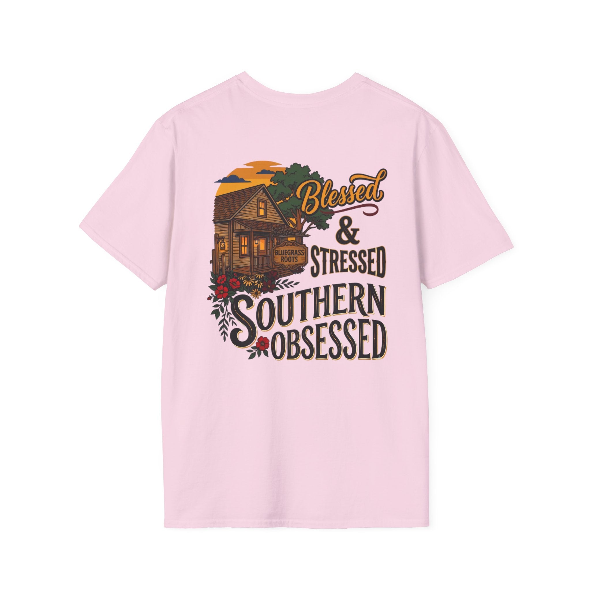 Bluegrass Roots Blessed Stressed Southern Obsessed farmhouse tee back graphic in Light Pink