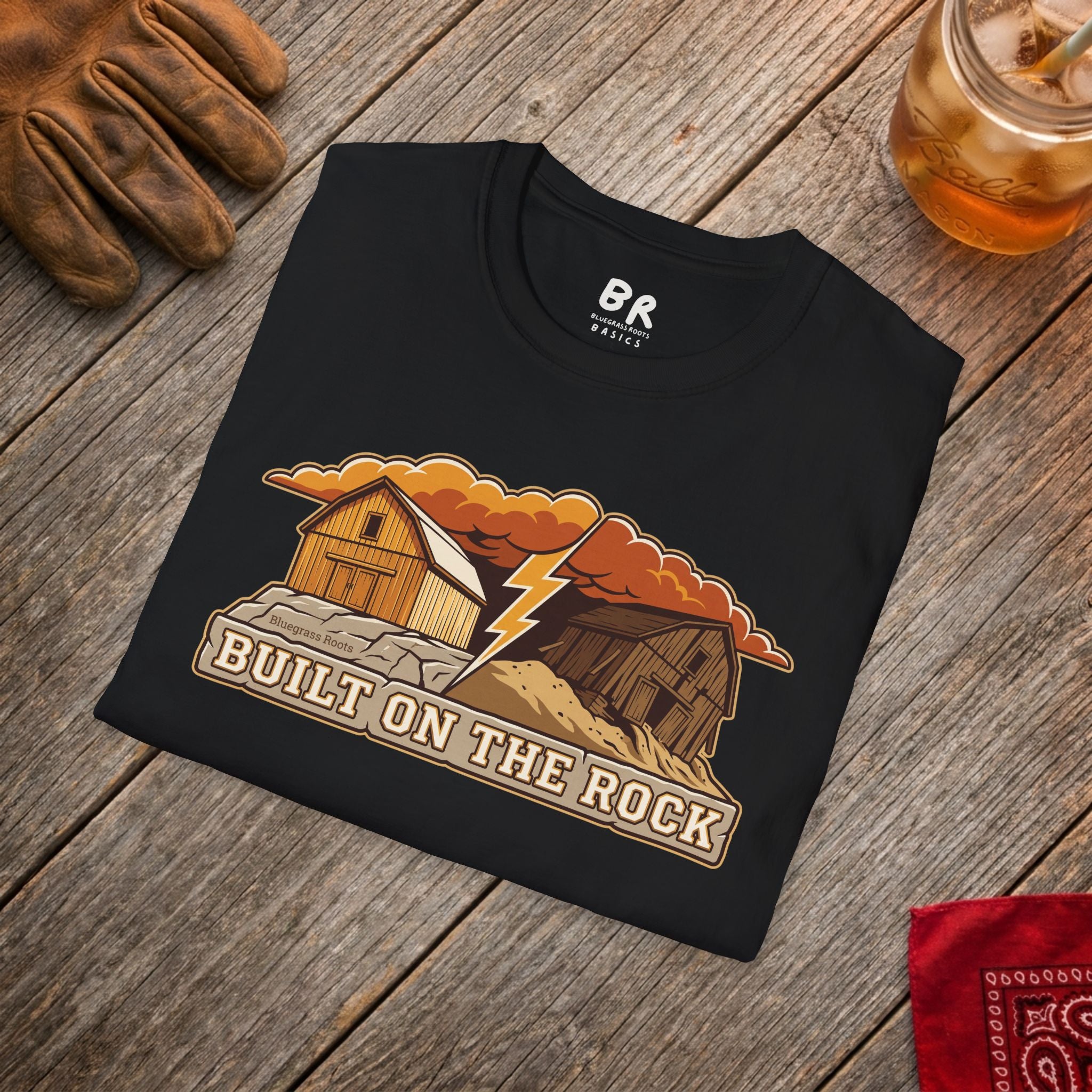 Built on the Rock christian shirt for men, Built on the Rock split barn parable design