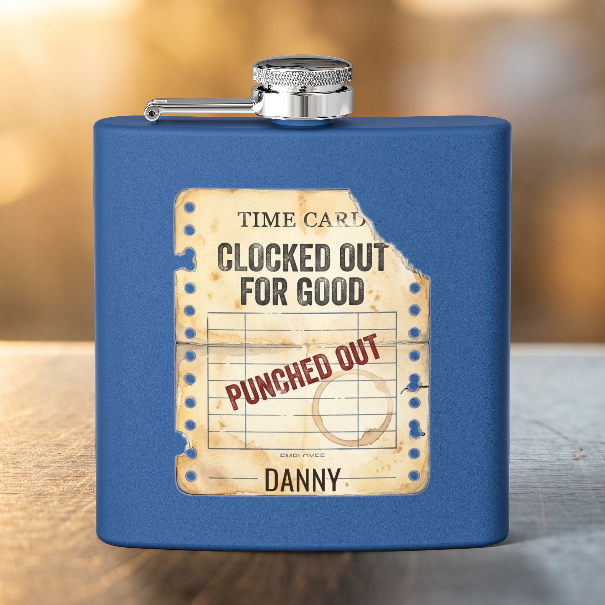 Clocked Out For Good personalized retirement gift flask in Green — back view