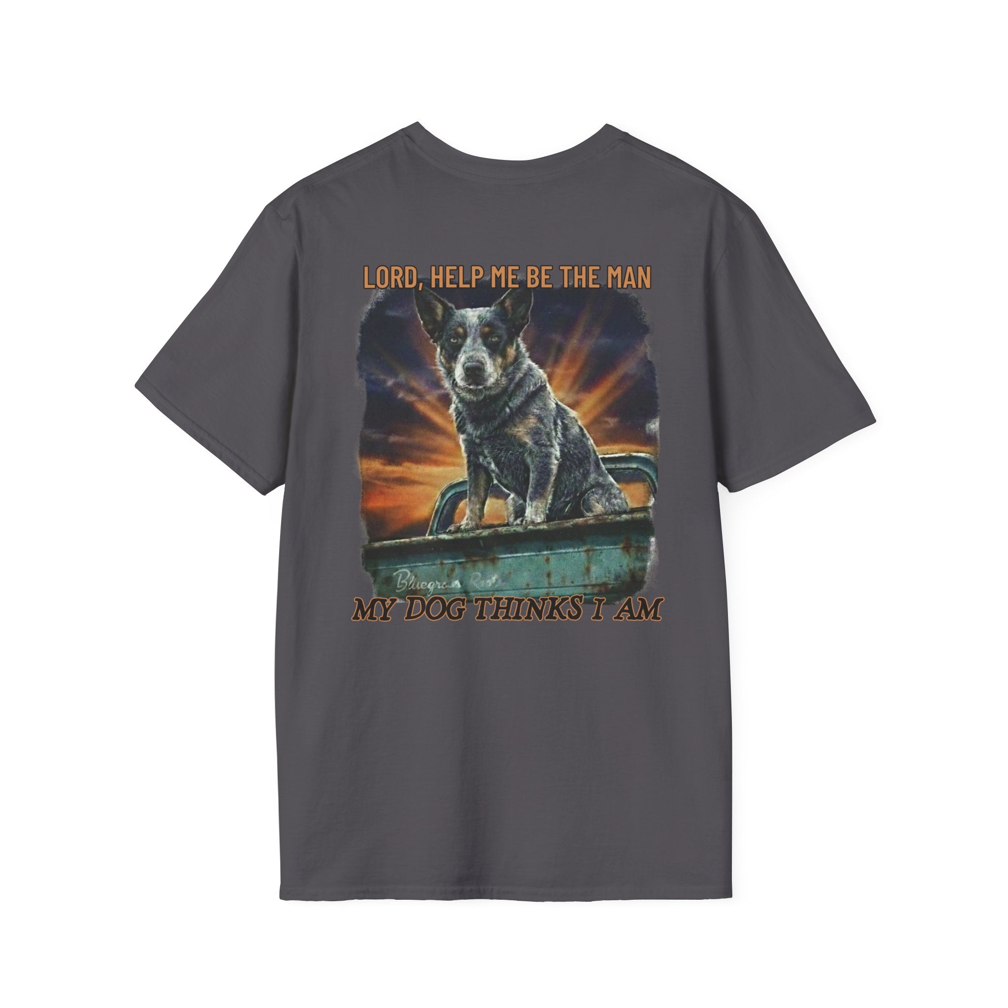 Gray t-shirt with a graphic of a dog and text on a white background