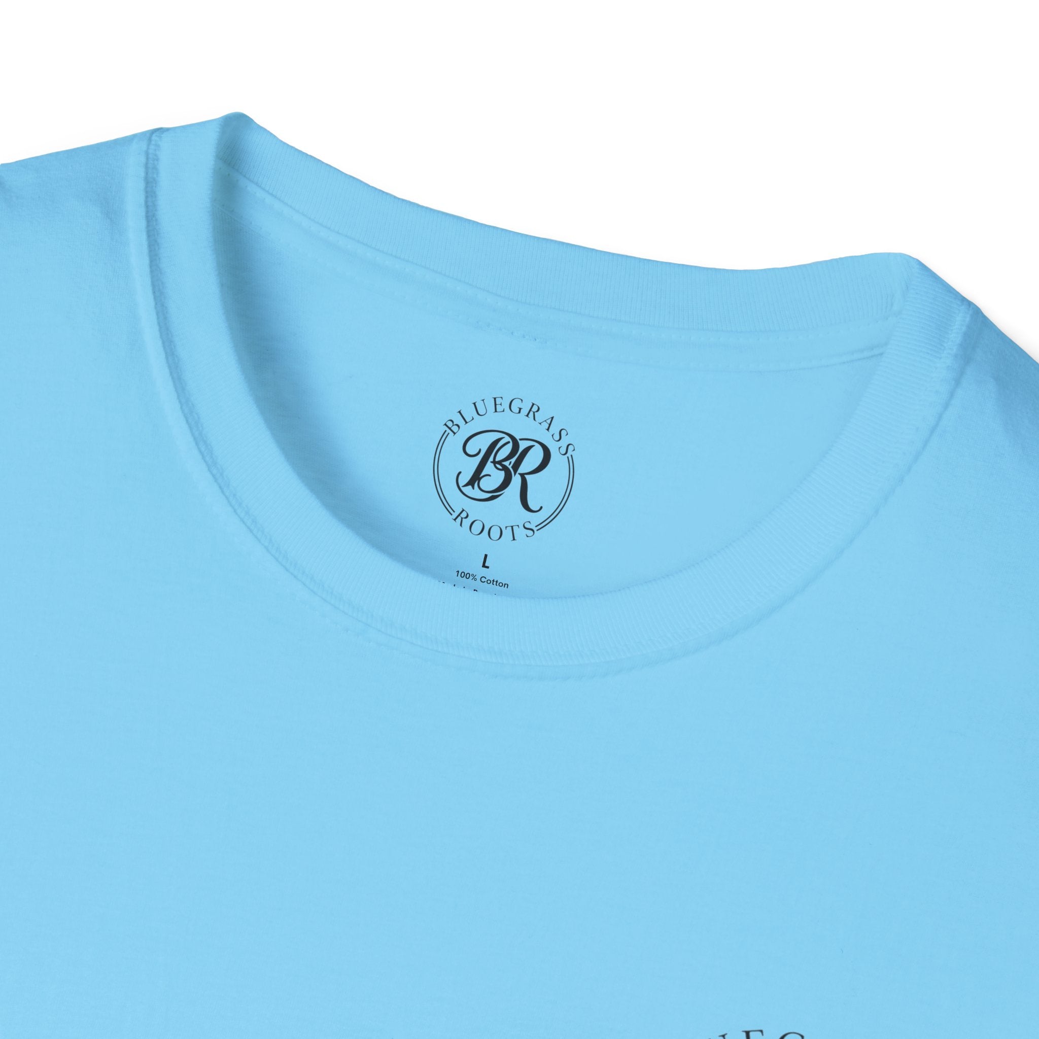 Light blue t-shirt with a brand logo on the collar against a white background