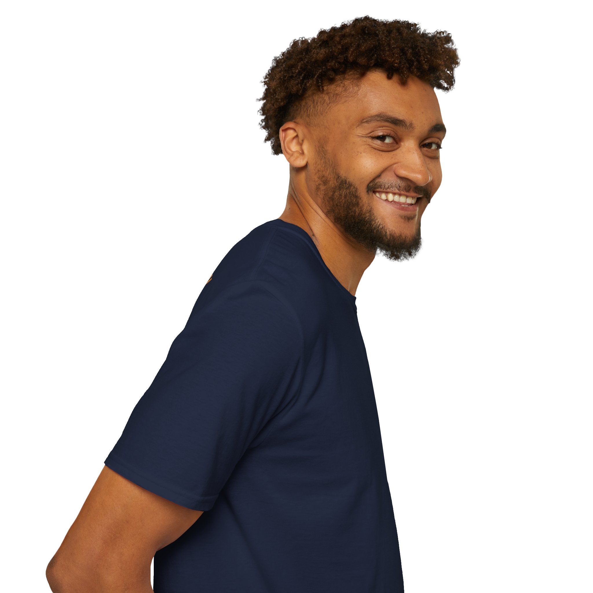 Man wearing a navy blue t-shirt on a white background