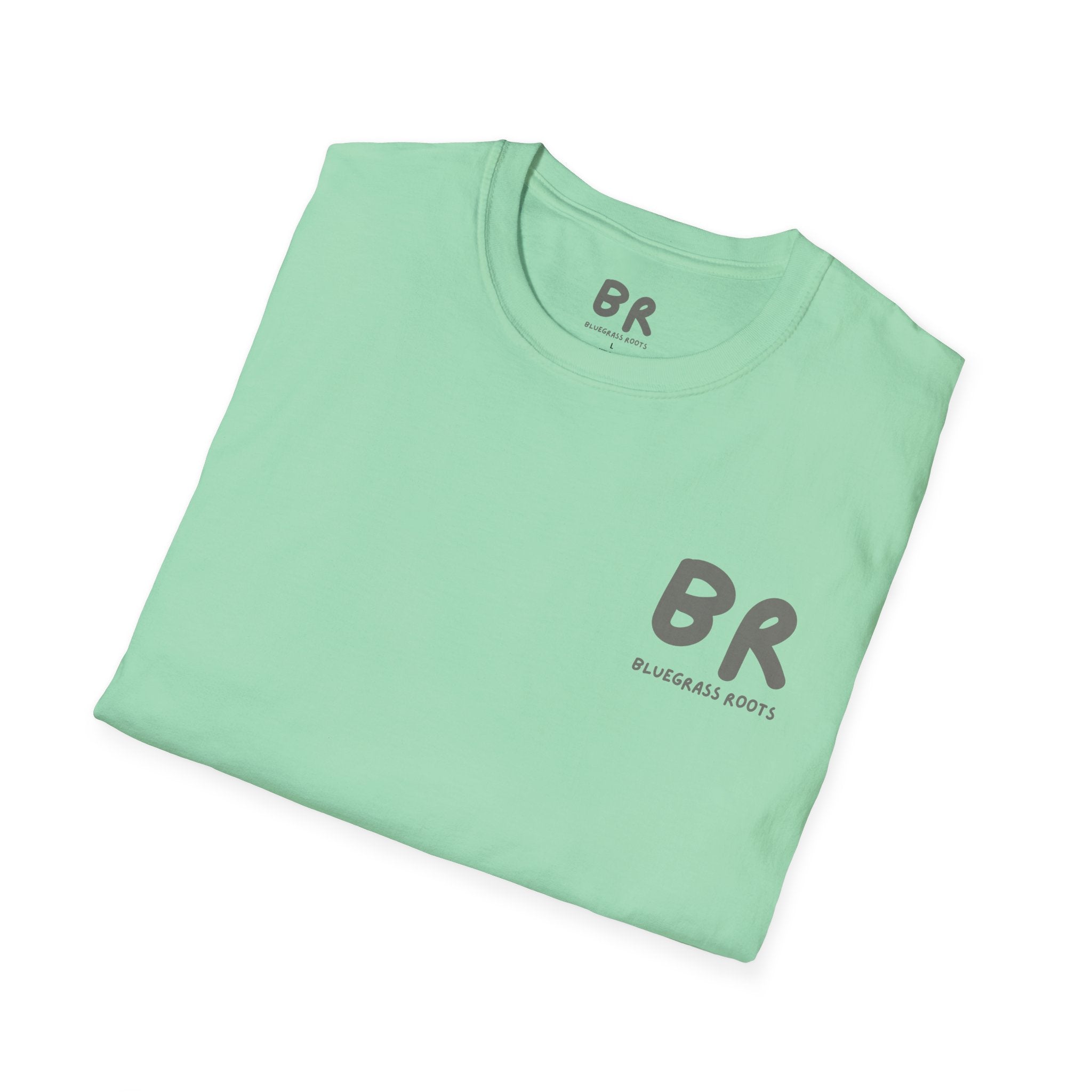 Folded light green t-shirt with 'BR' logo on a white background