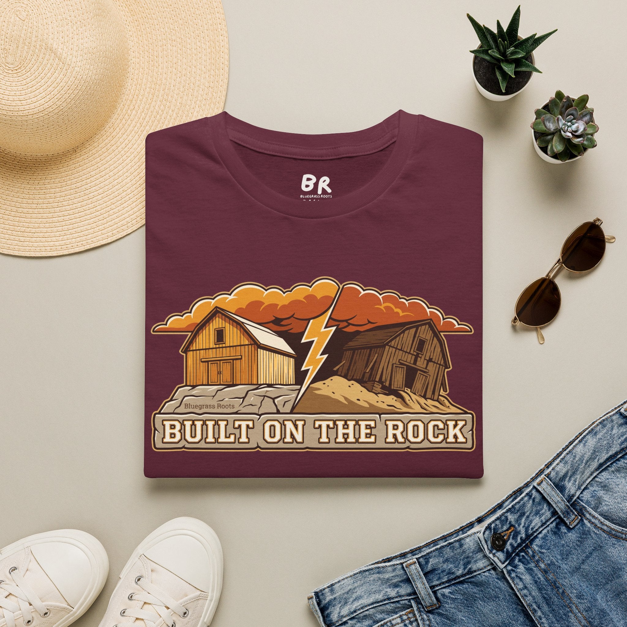 Built on the Rock christian shirt for men, Built on the Rock split barn parable design