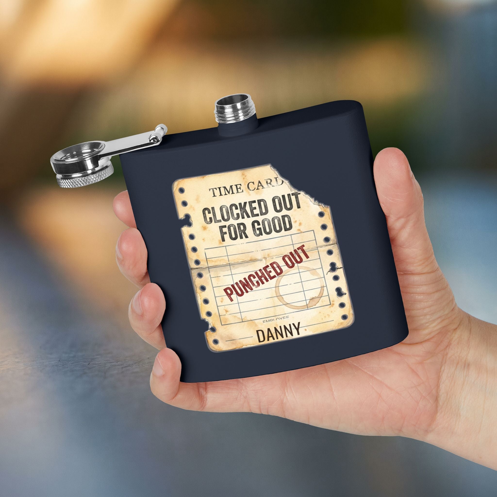 Clocked Out For Good personalized retirement gift flask in Purple — front view