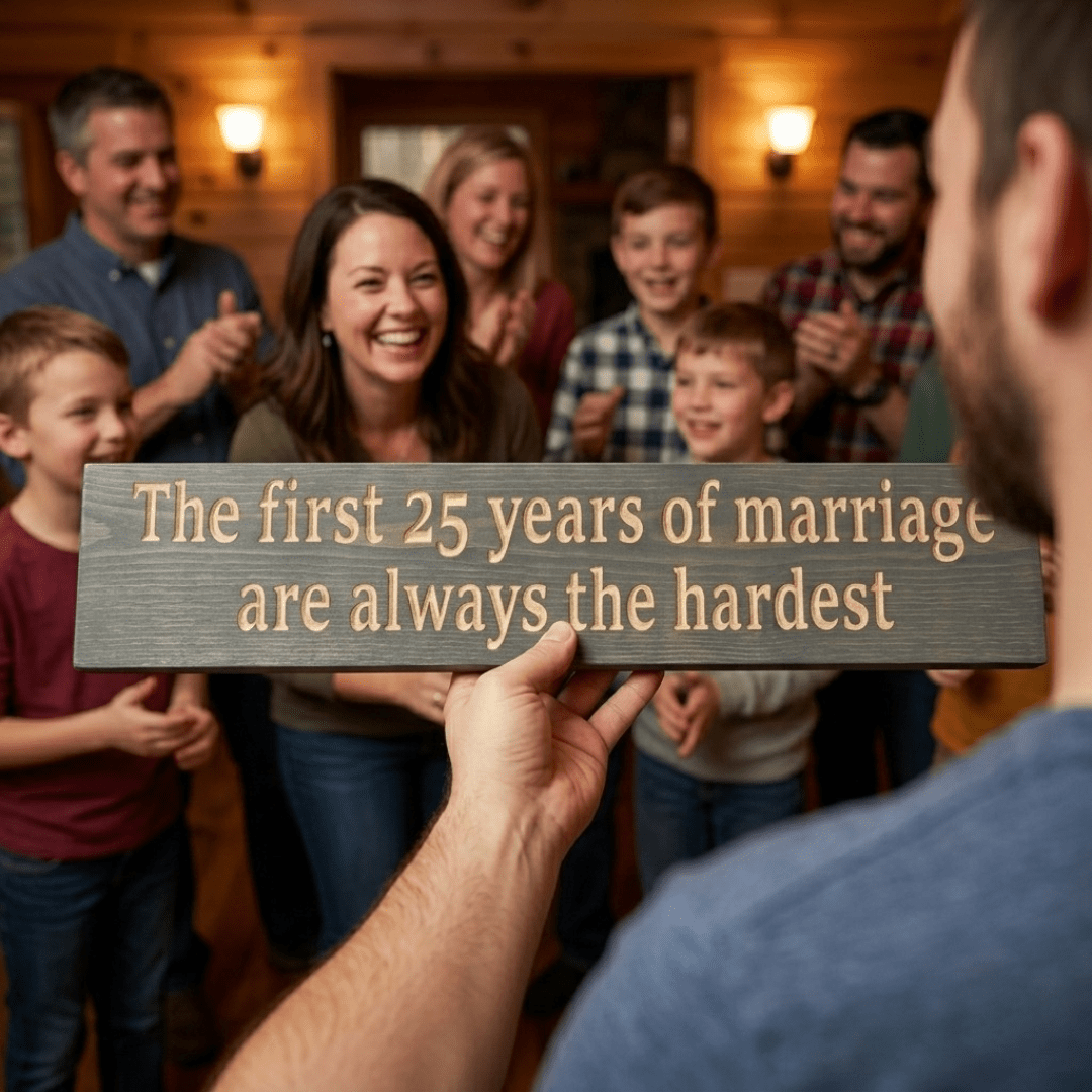 Family laughing as 25th anniversary CNC-carved wood sign is revealed at silver anniversary celebration party in cabin setting