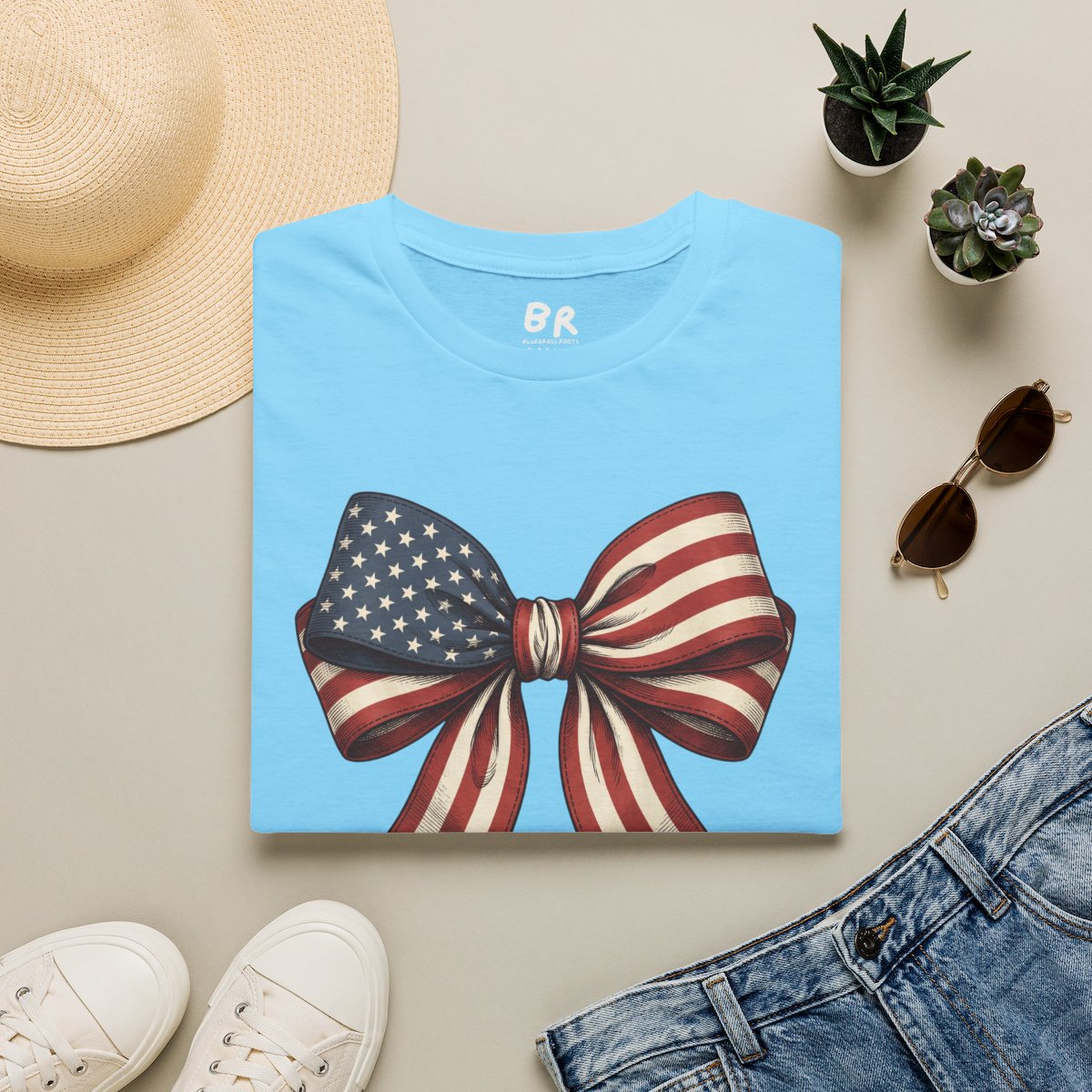 4th of July Shirt — American Flag Bow Tee for Women in Sky
