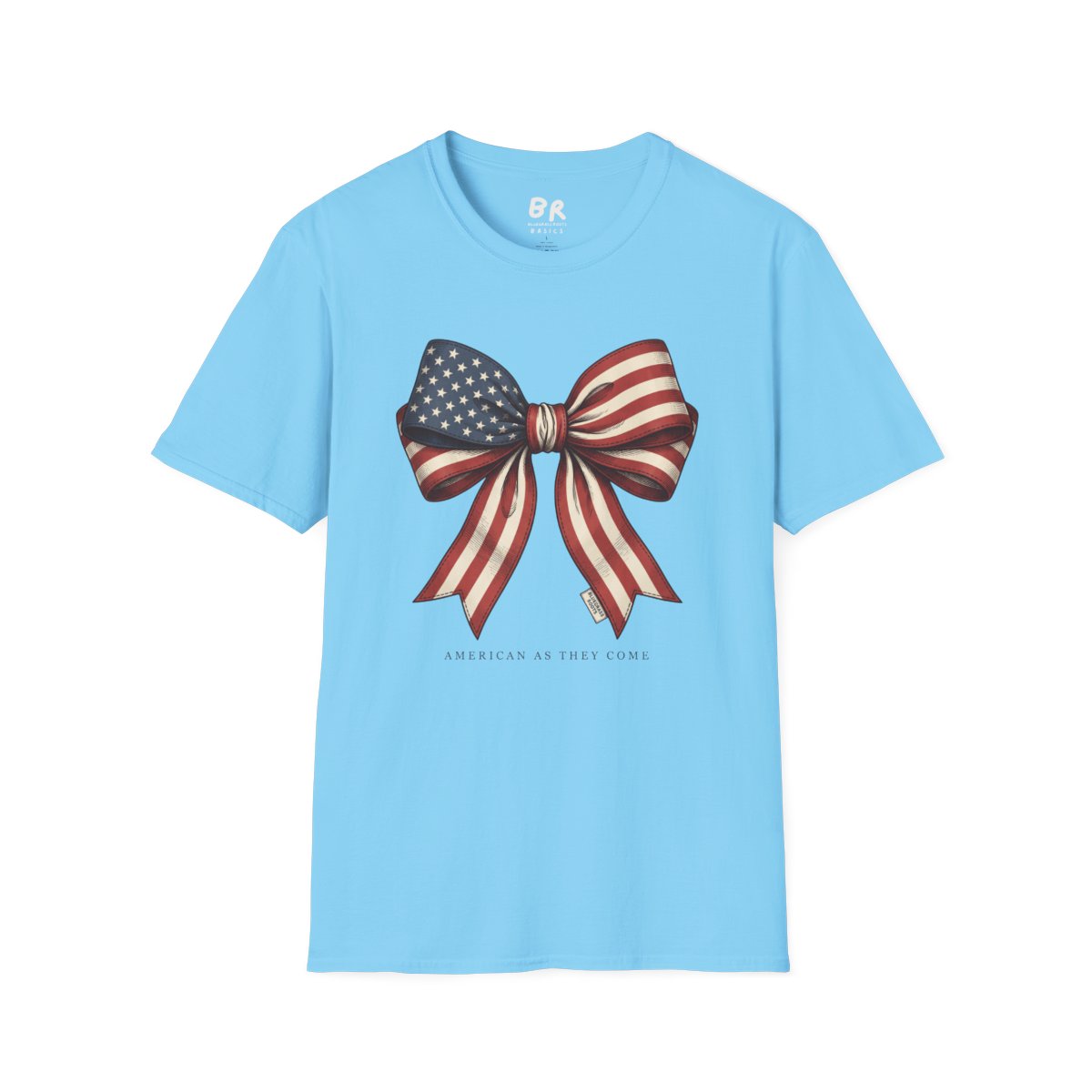 4th of July Shirt — American Flag Bow Tee for Women in Sky