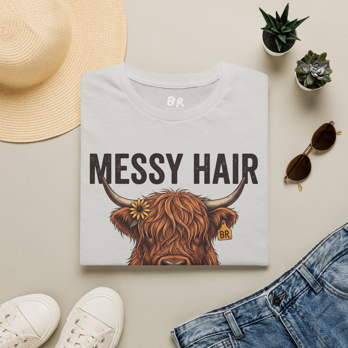 Messy Hair Don't Care highland cow shirt in S