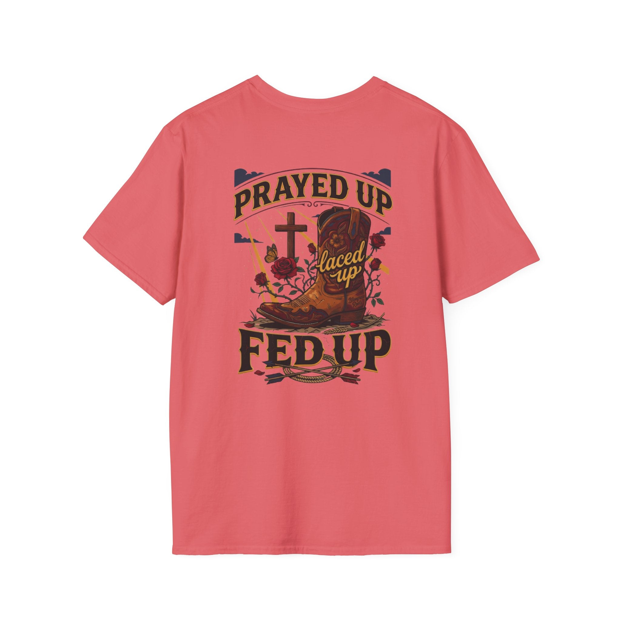 Bluegrass Roots Prayed Up Laced Up Fed Up cowgirl boot tee back graphic in Coral Silk