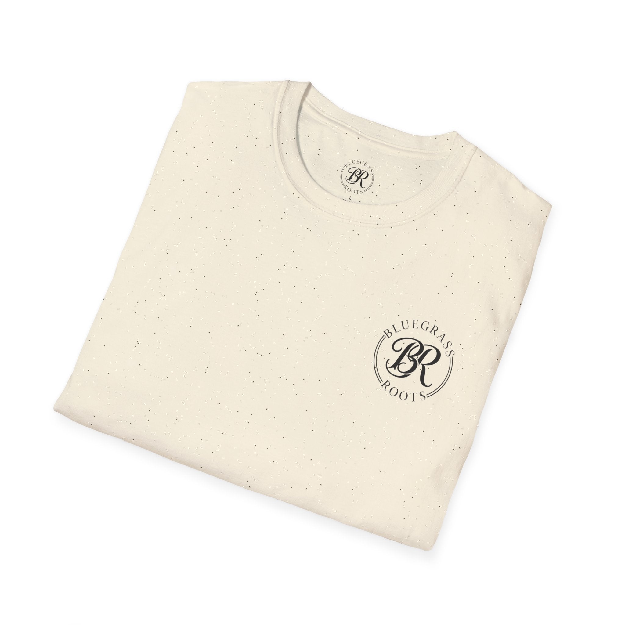 Folded cream-colored t-shirt with a logo on a white background