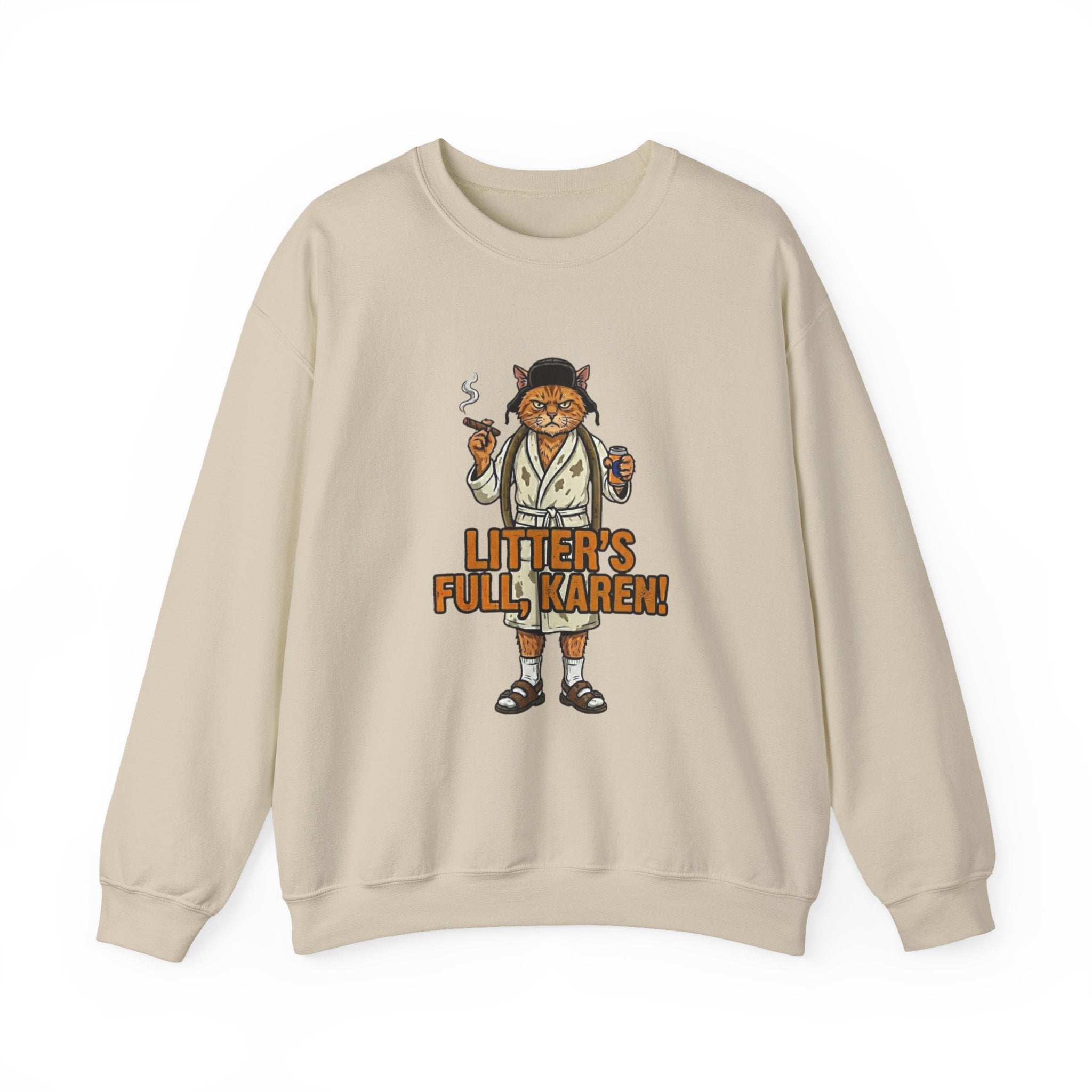 Beige sweatshirt with a graphic of a cat in a robe and text on a white background