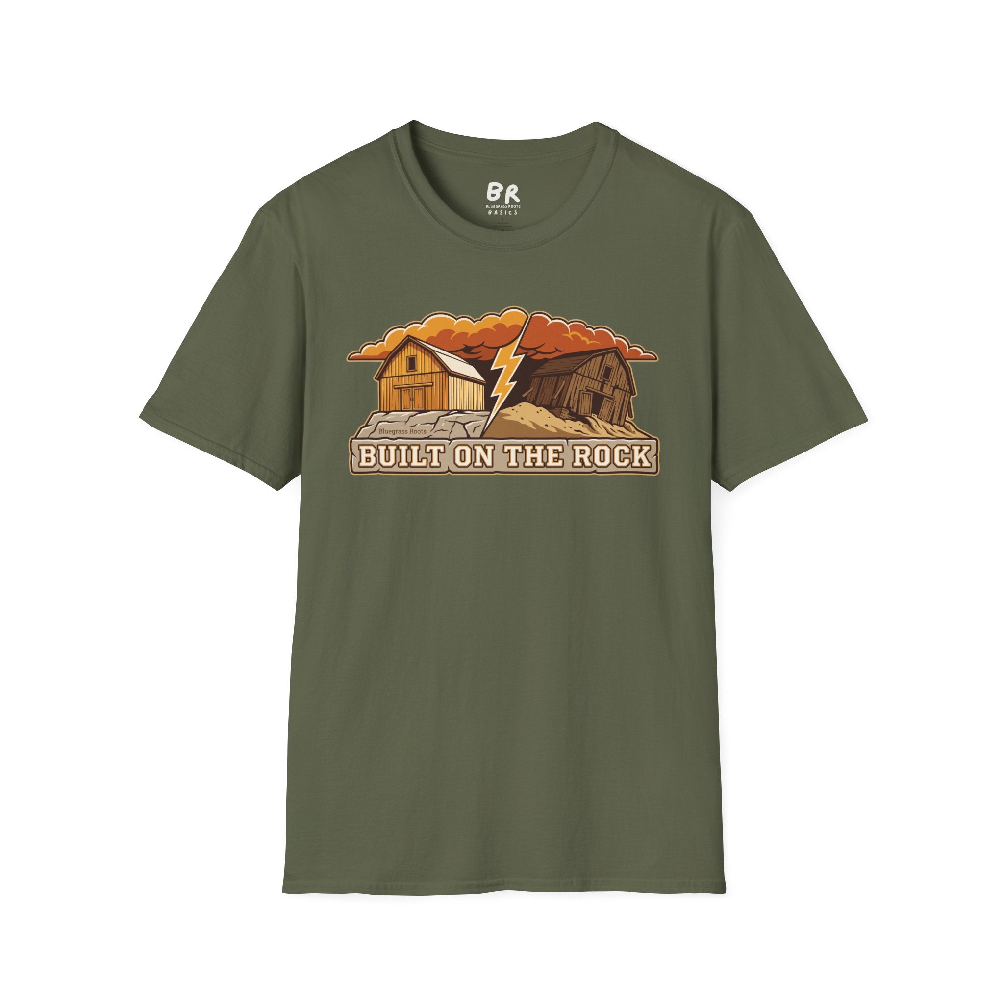 Built on the Rock christian shirt for men, Built on the Rock split barn parable design
