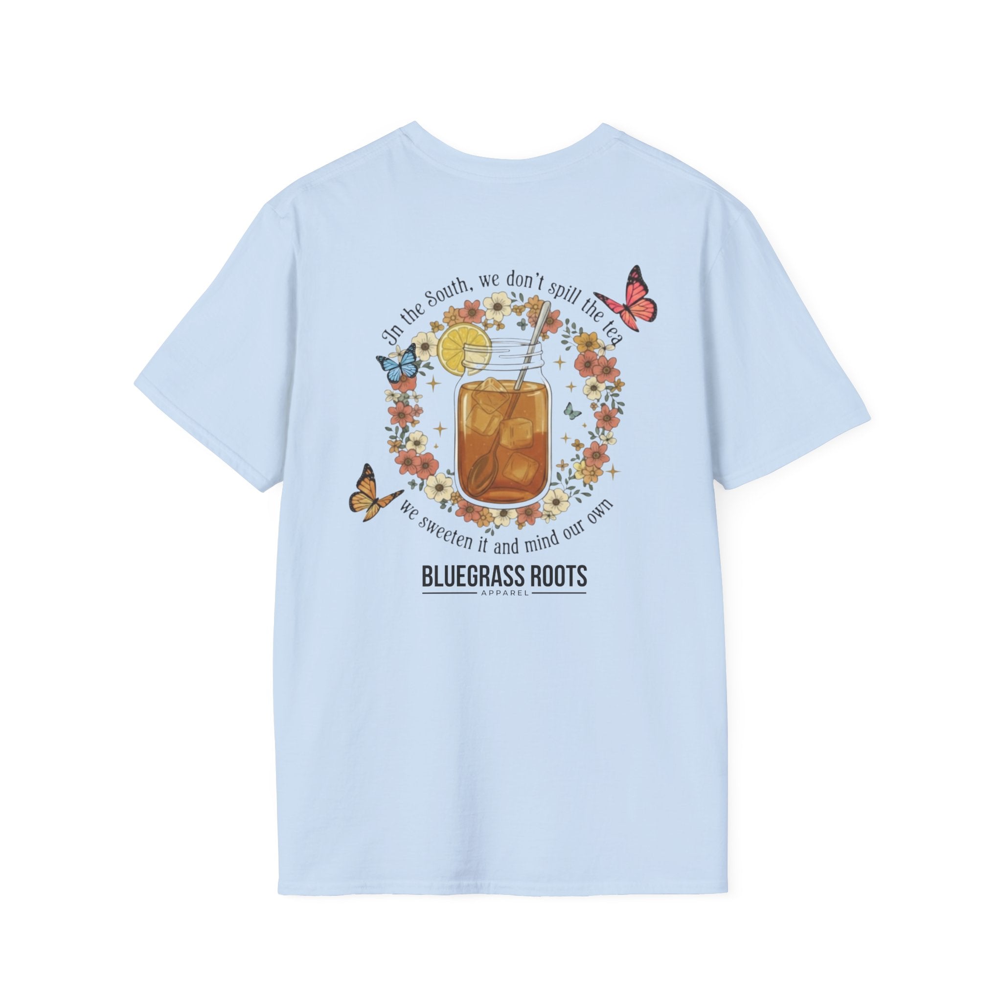 Light blue t-shirt with a graphic design on the back featuring a jar, flowers, and text.