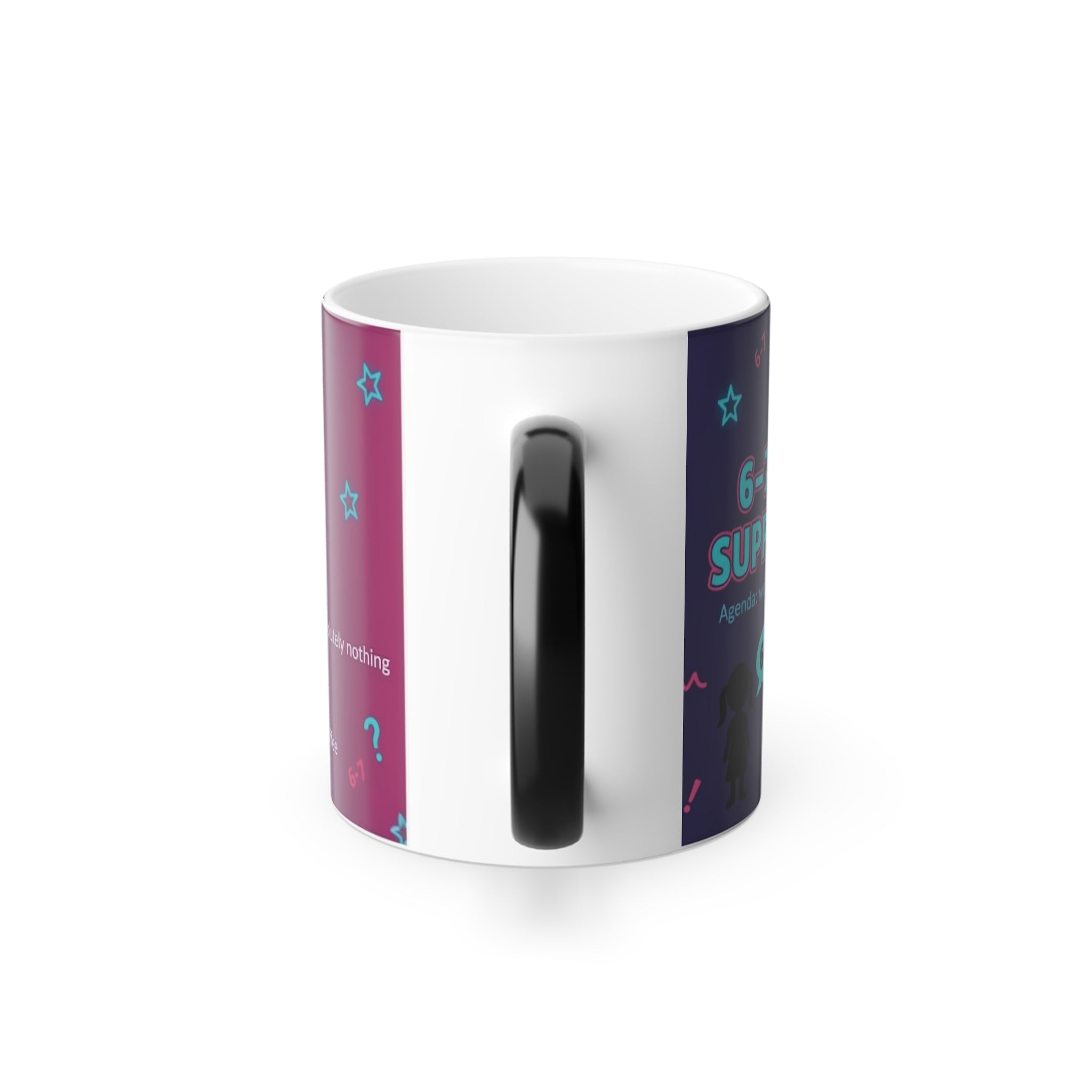 Side view of 6–7 Parent Support Group magic mug showing black handle and colorful full-wrap gradient design.