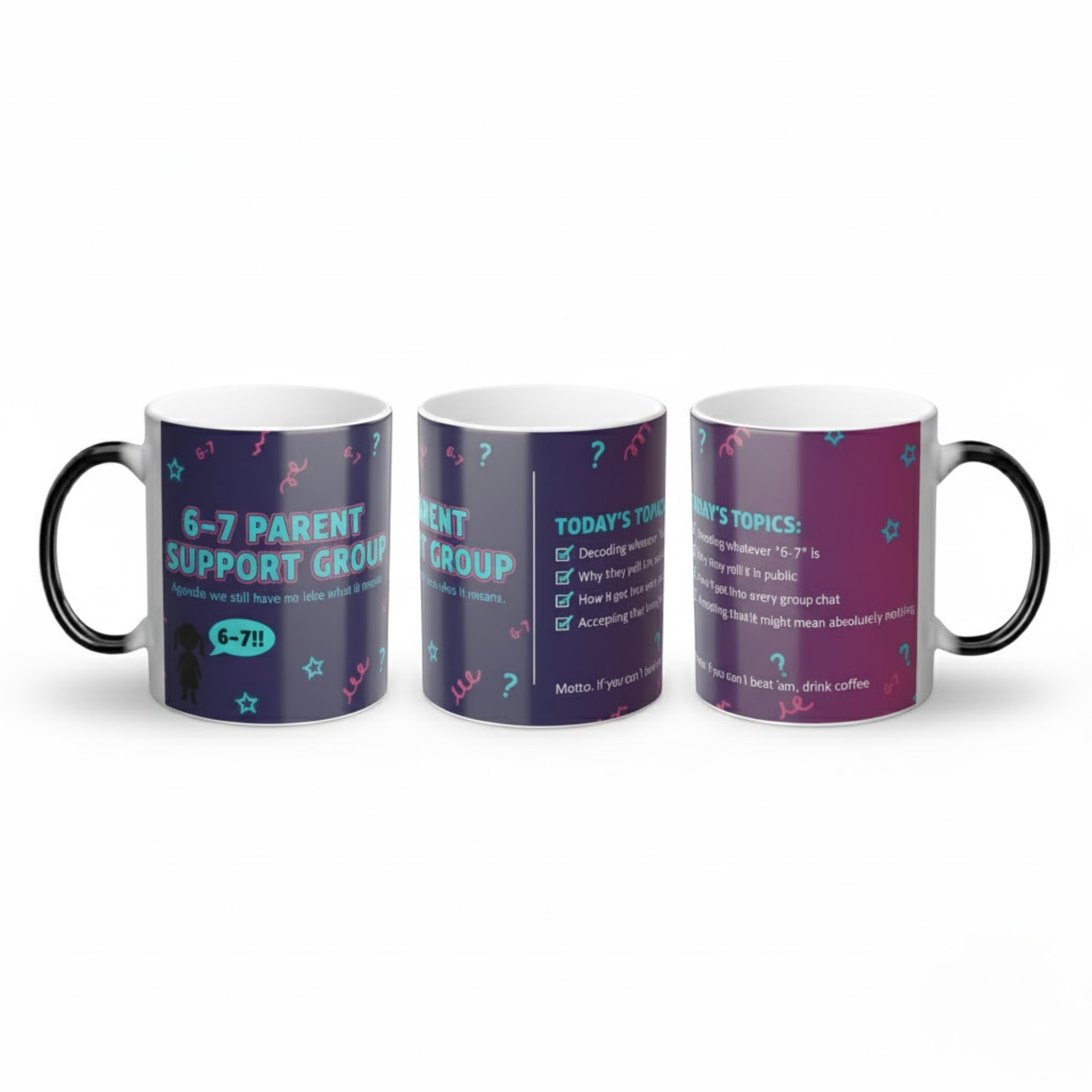 Three 6–7 Parent Support Group magic mugs lined up to show front title, middle wrap, and back checklist designs.