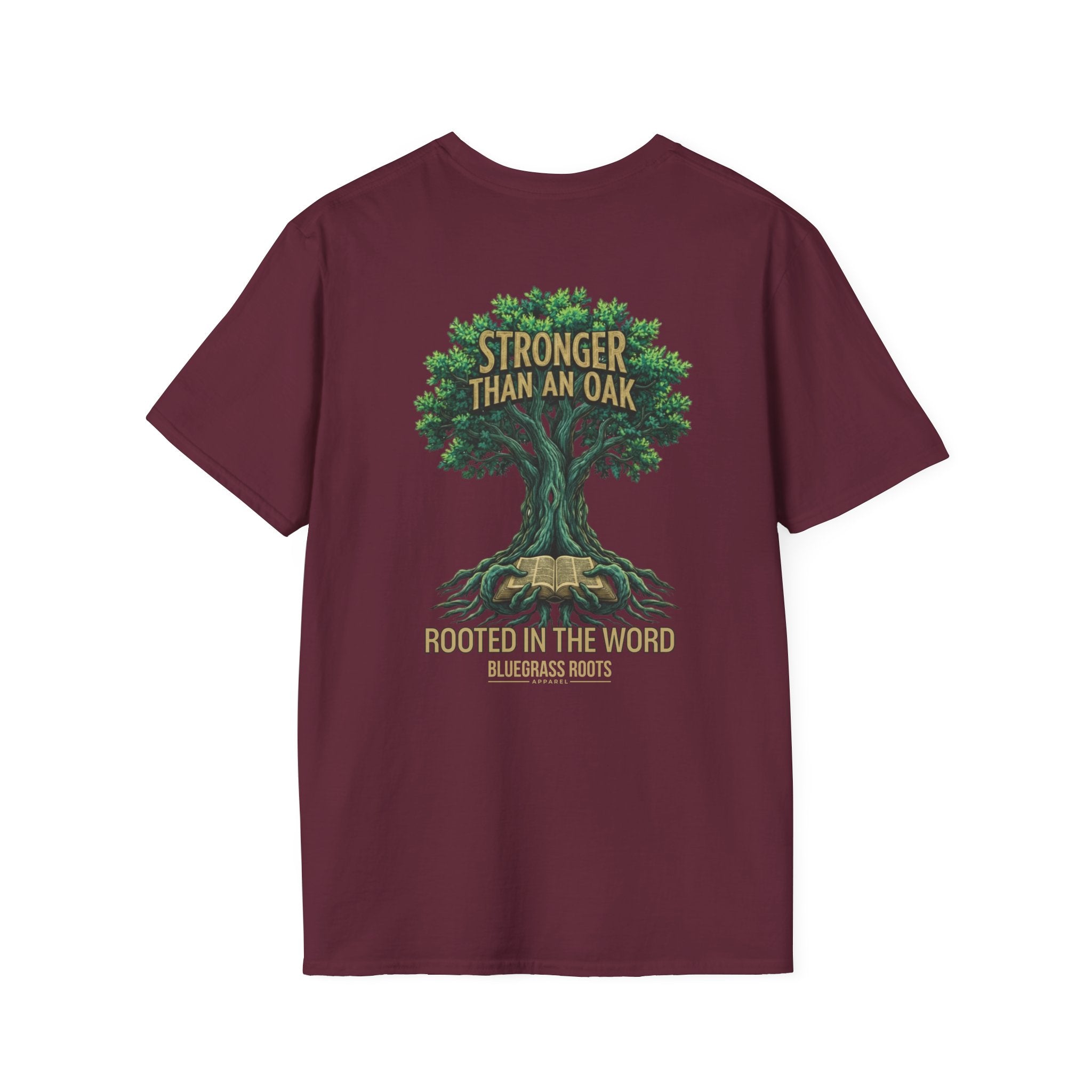 Maroon t-shirt with a tree graphic and text on a white background