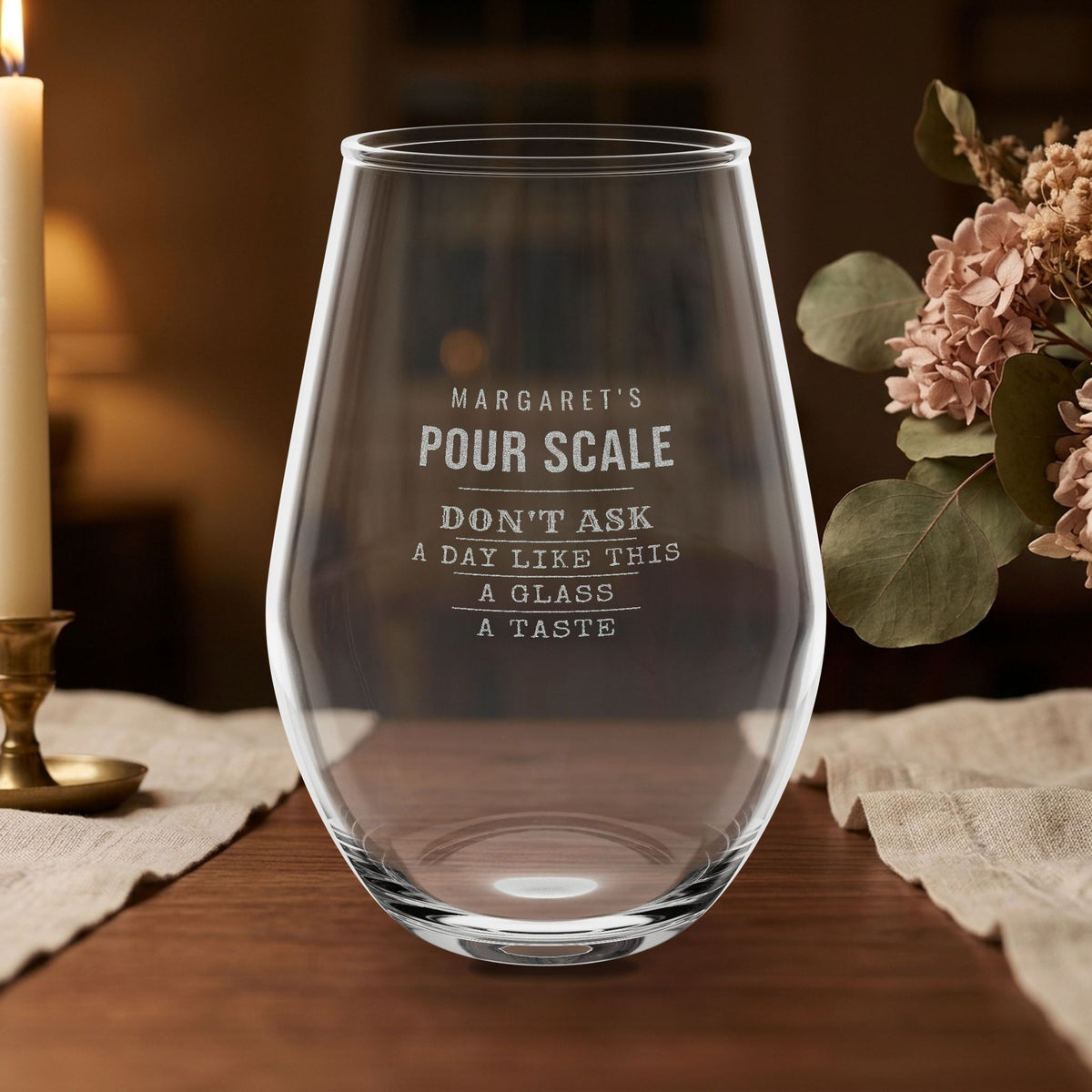 Personalized Pour Scale Wine Glass — novelty wine glass, front view