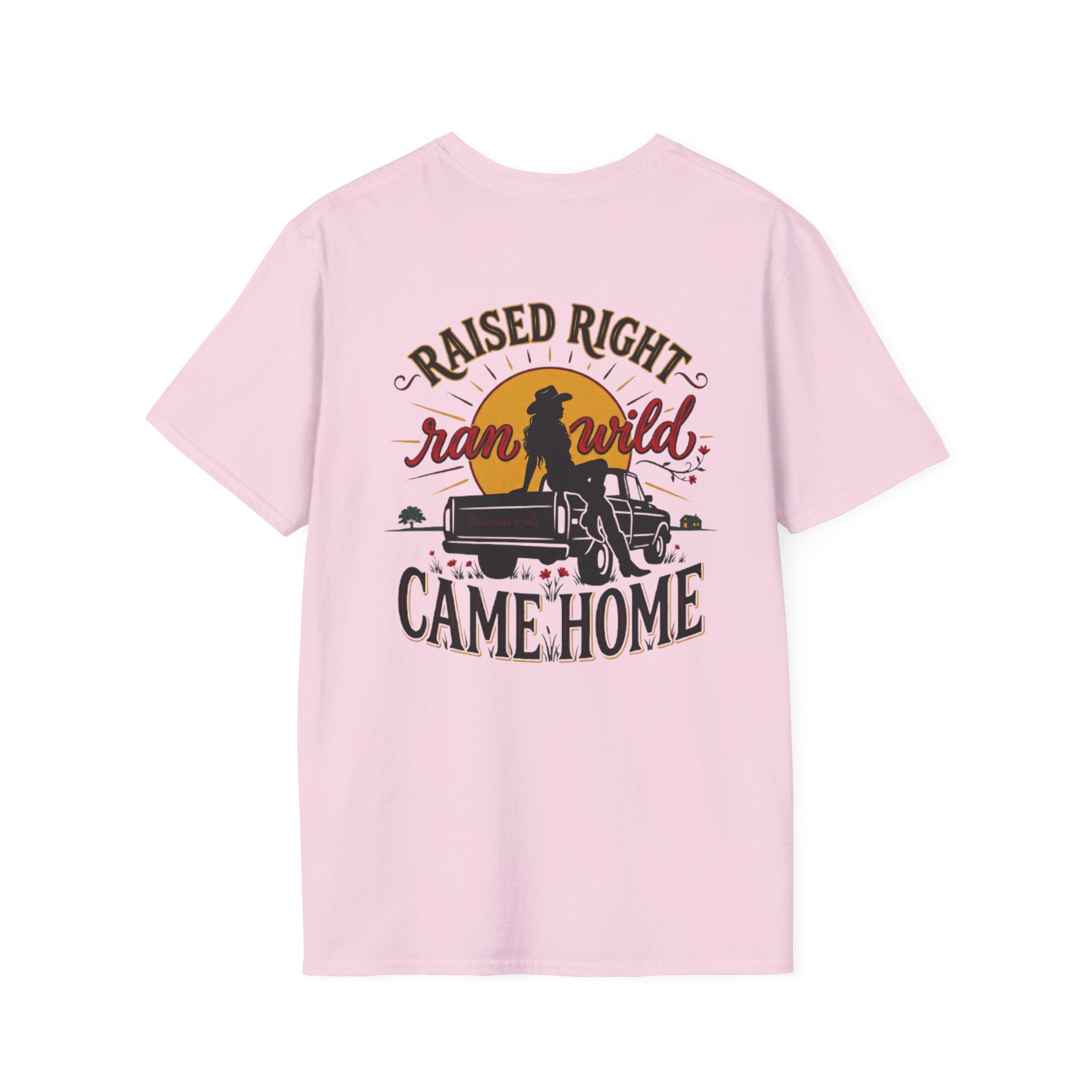Bluegrass Roots Raised Right Ran Wild Came Home sunset tailgate tee back graphic in Light Pink