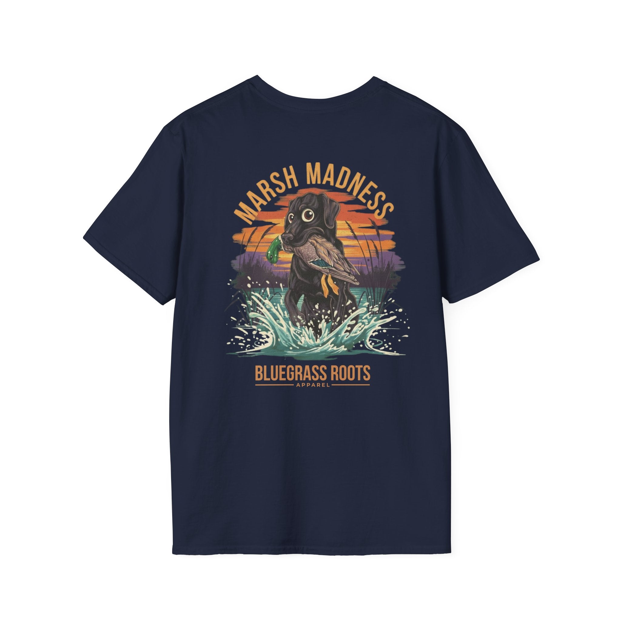 Navy blue t-shirt with a graphic design of a dog in water and text 'Marsh Madness' and 'Bluegrass Roots Apparel' on a white background.
