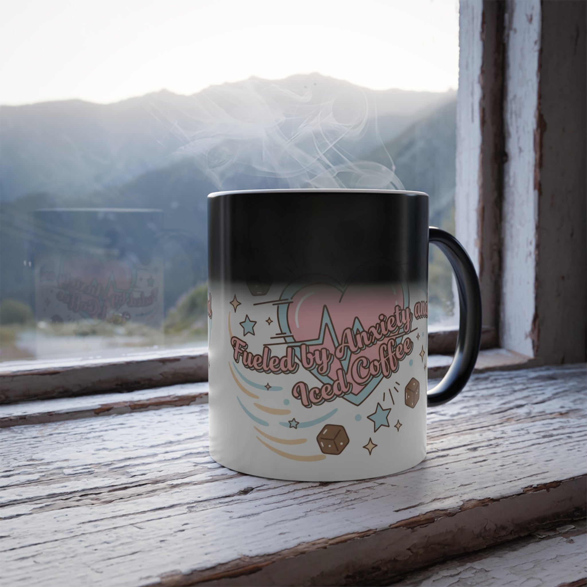 Fueled by Anxiety and Iced Coffee Magic Mug – Funny Pastel Heat-Reveal Cup
