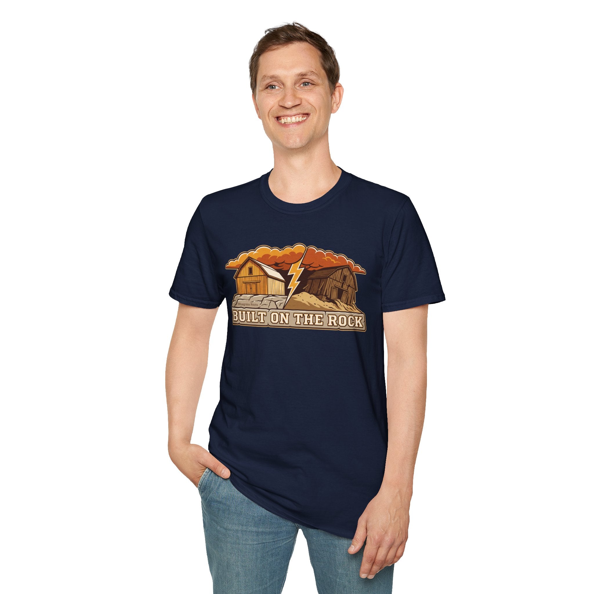 Built on the Rock christian shirt for men, Built on the Rock split barn parable design