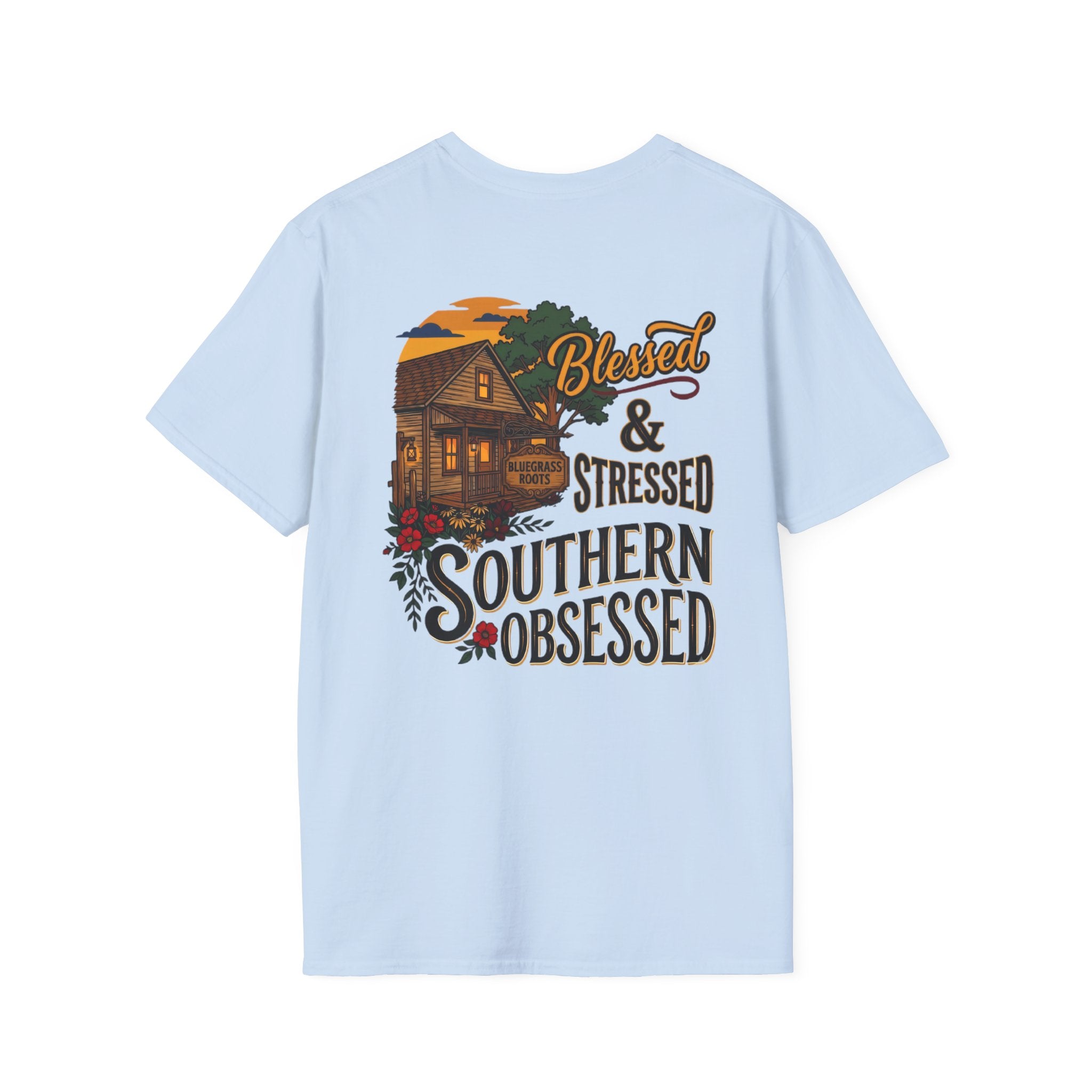 Bluegrass Roots Blessed Stressed Southern Obsessed farmhouse tee back graphic in Light Blue