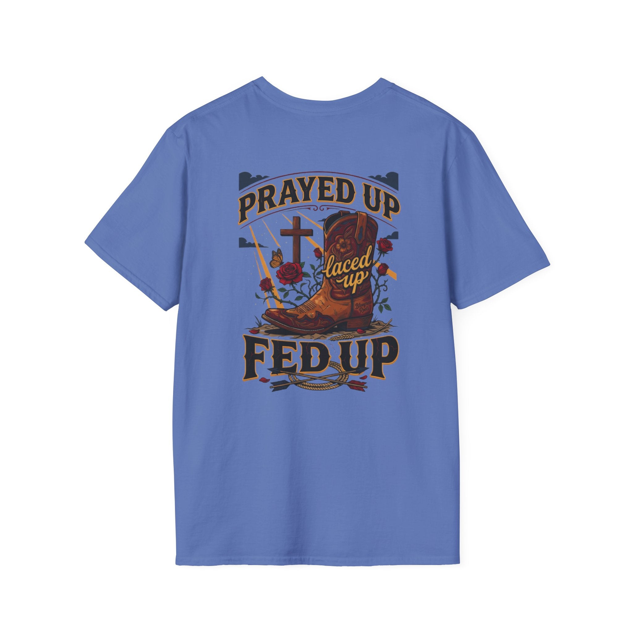 Bluegrass Roots Prayed Up Laced Up Fed Up cowgirl boot tee back graphic in Iris