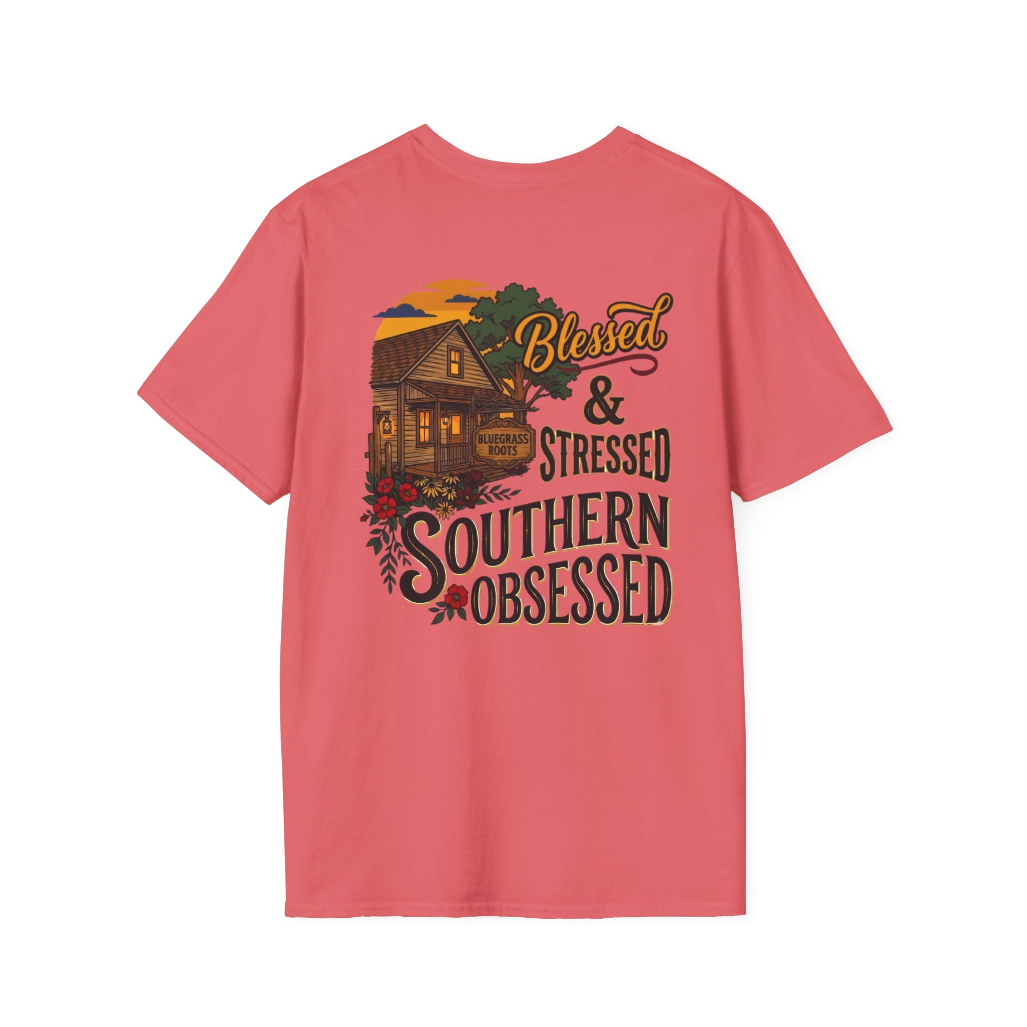 Bluegrass Roots Blessed Stressed Southern Obsessed farmhouse tee back graphic in Coral Silk