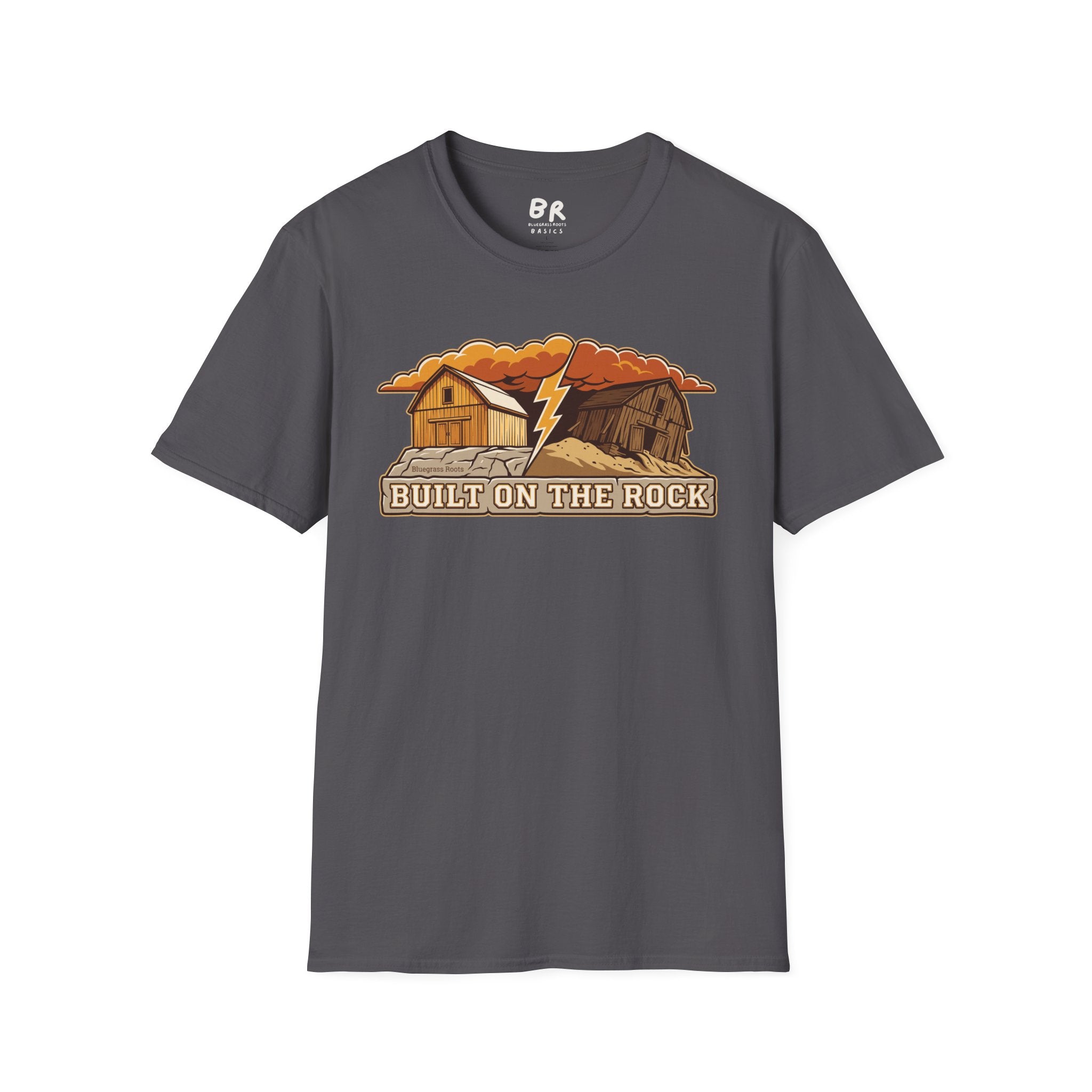 Built on the Rock christian shirt for men, Built on the Rock split barn parable design