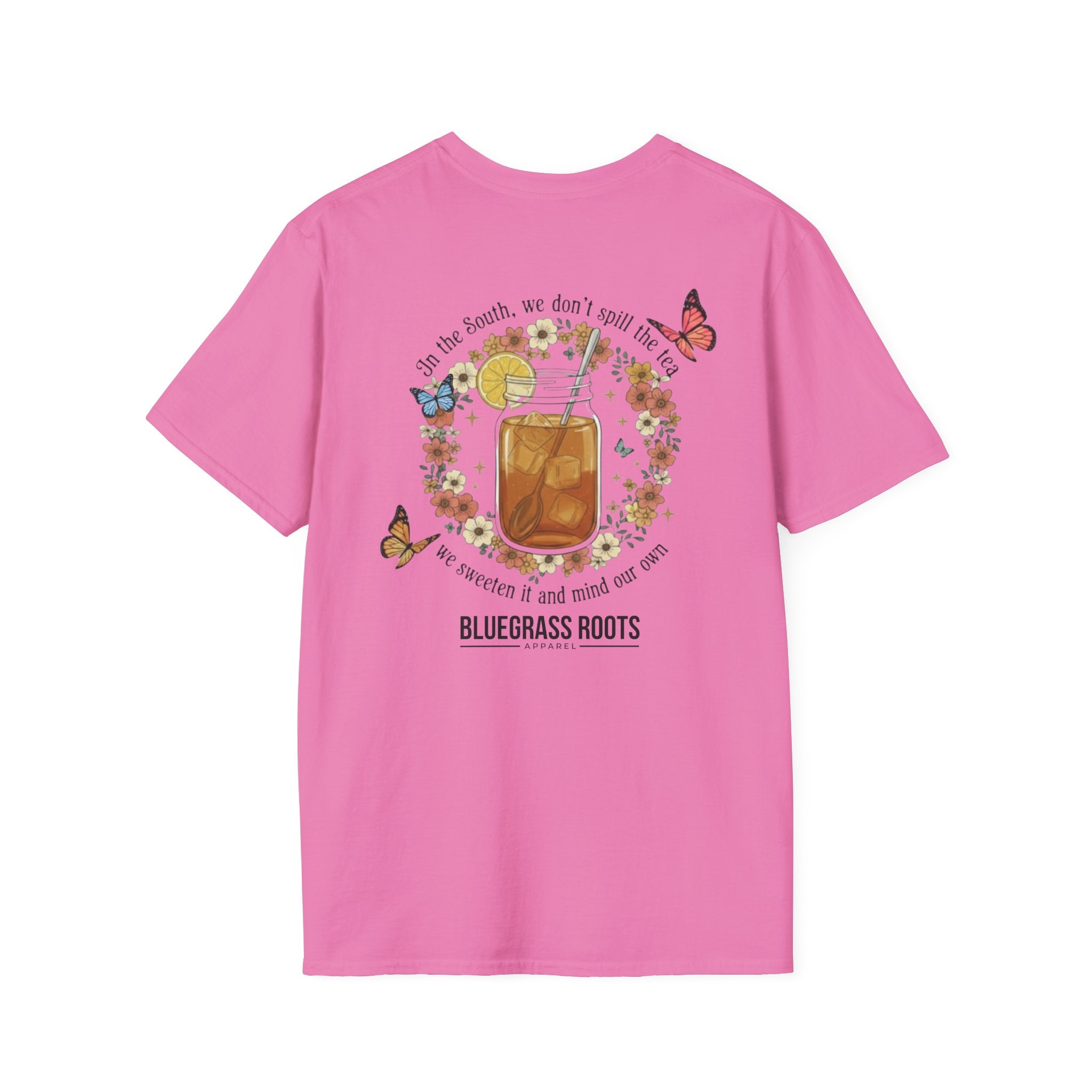 Pink t-shirt with a graphic design and 'Bluegrass Roots' text on a white background
