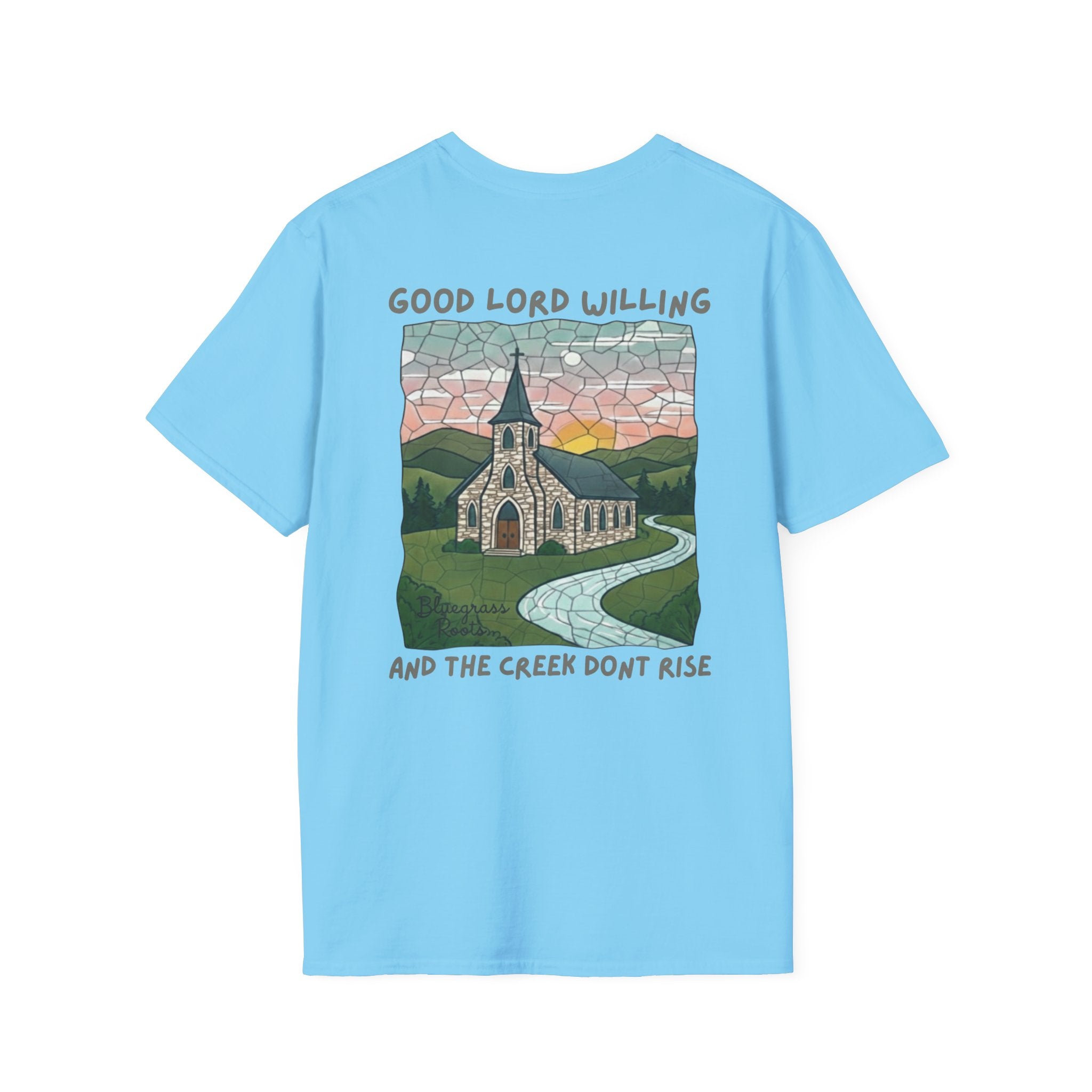 Light blue t-shirt with a graphic of a church and mountains on the back, on a white background.
